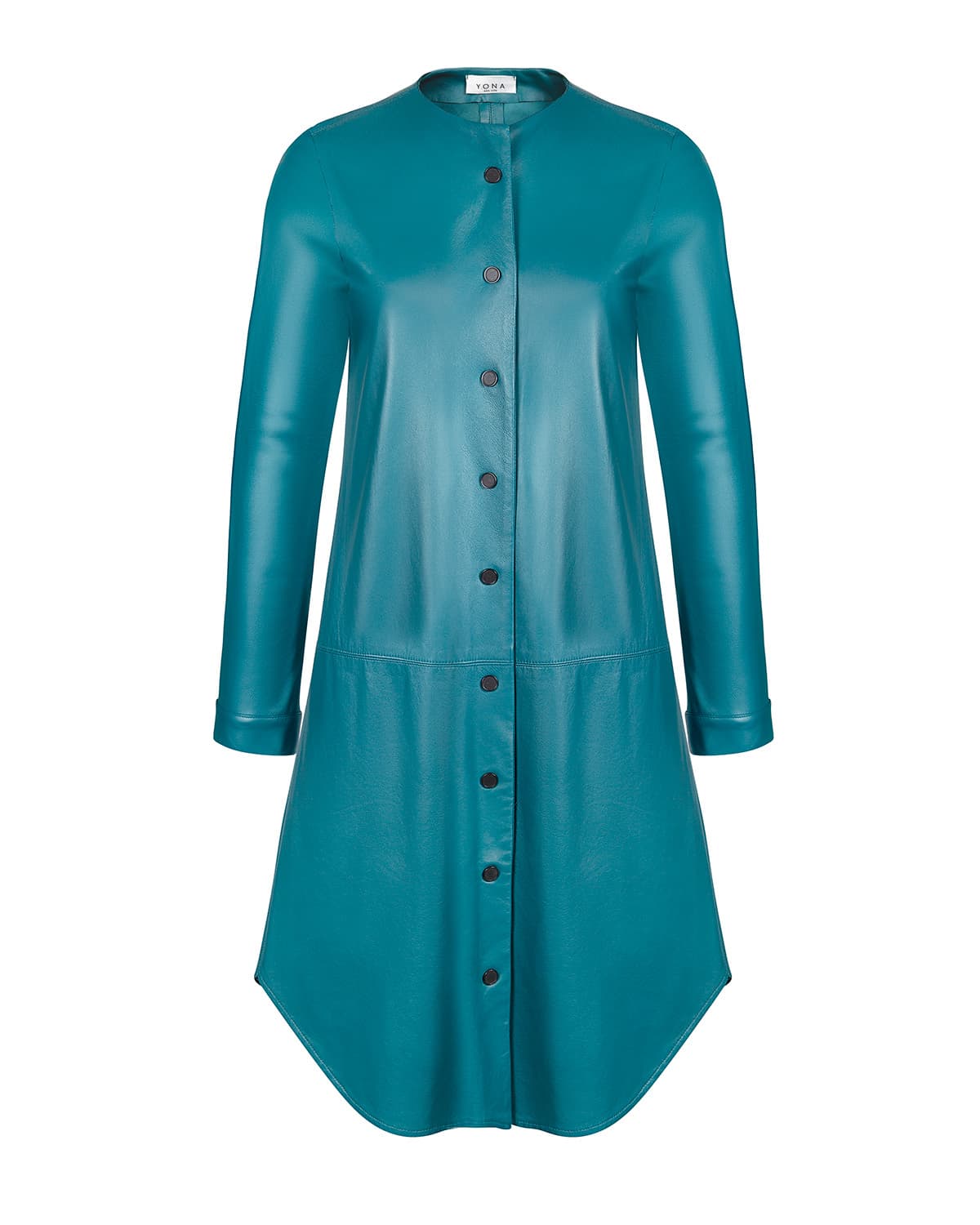 Teal leather button-down coat — smooth hide with zero hot-spot reflections