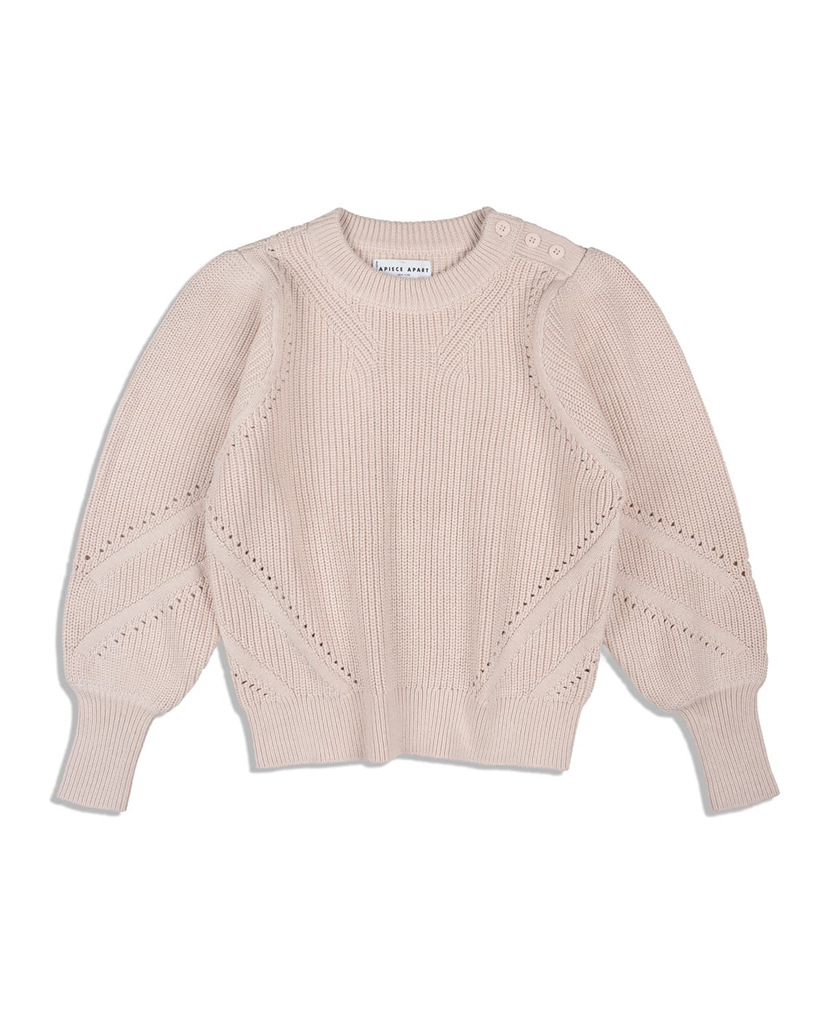 Cream ribbed sweater with chevron detail — white-on-white knit stitch definition