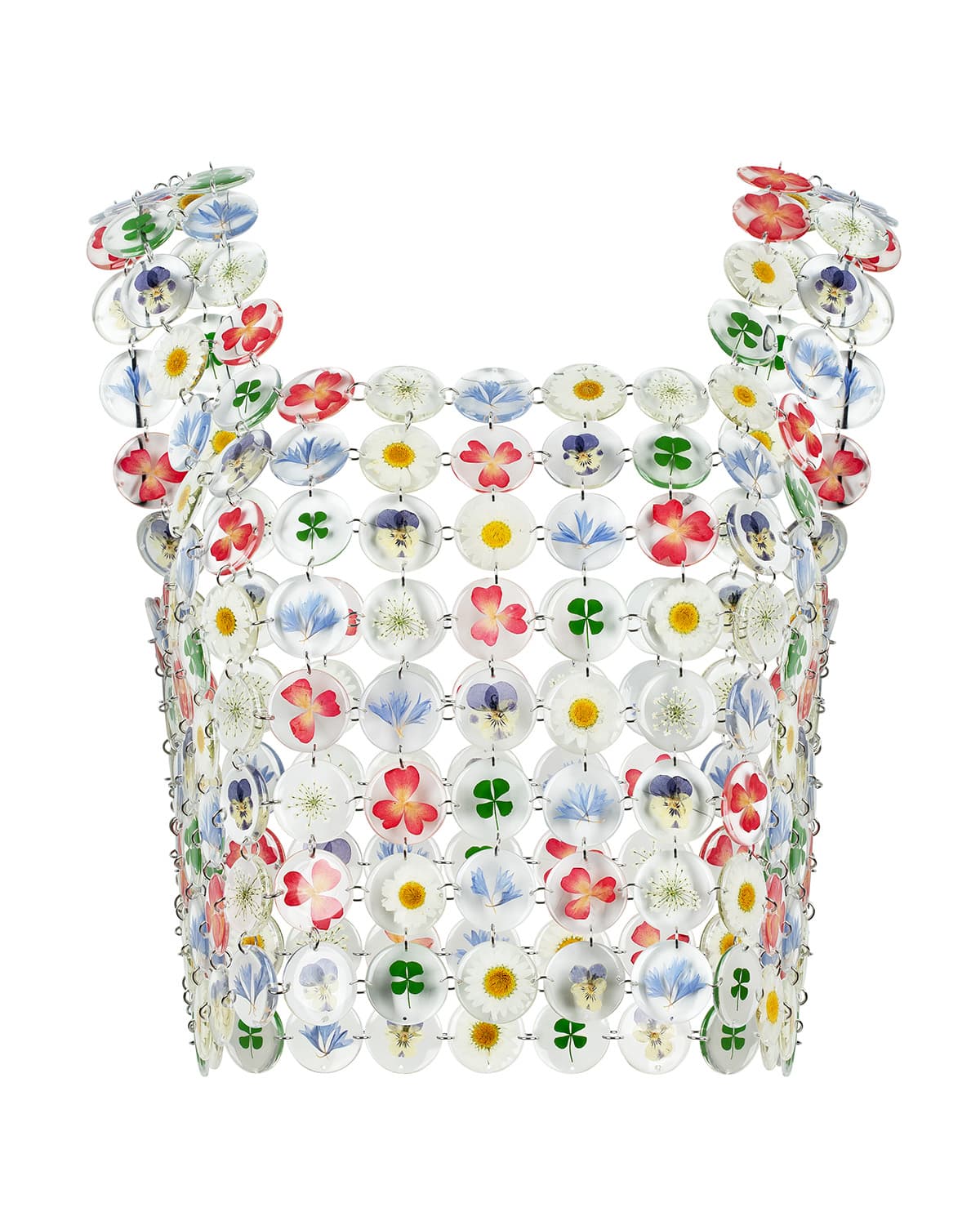 Pressed-flower resin chain-mail top — 80+ individual disc elements in sharp focus