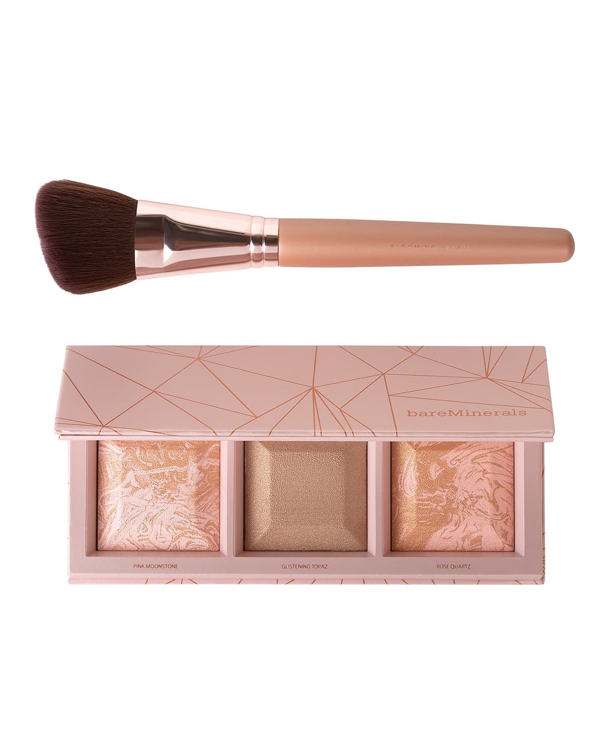 Rose gold highlighter palette with brush — shimmer texture without blowout