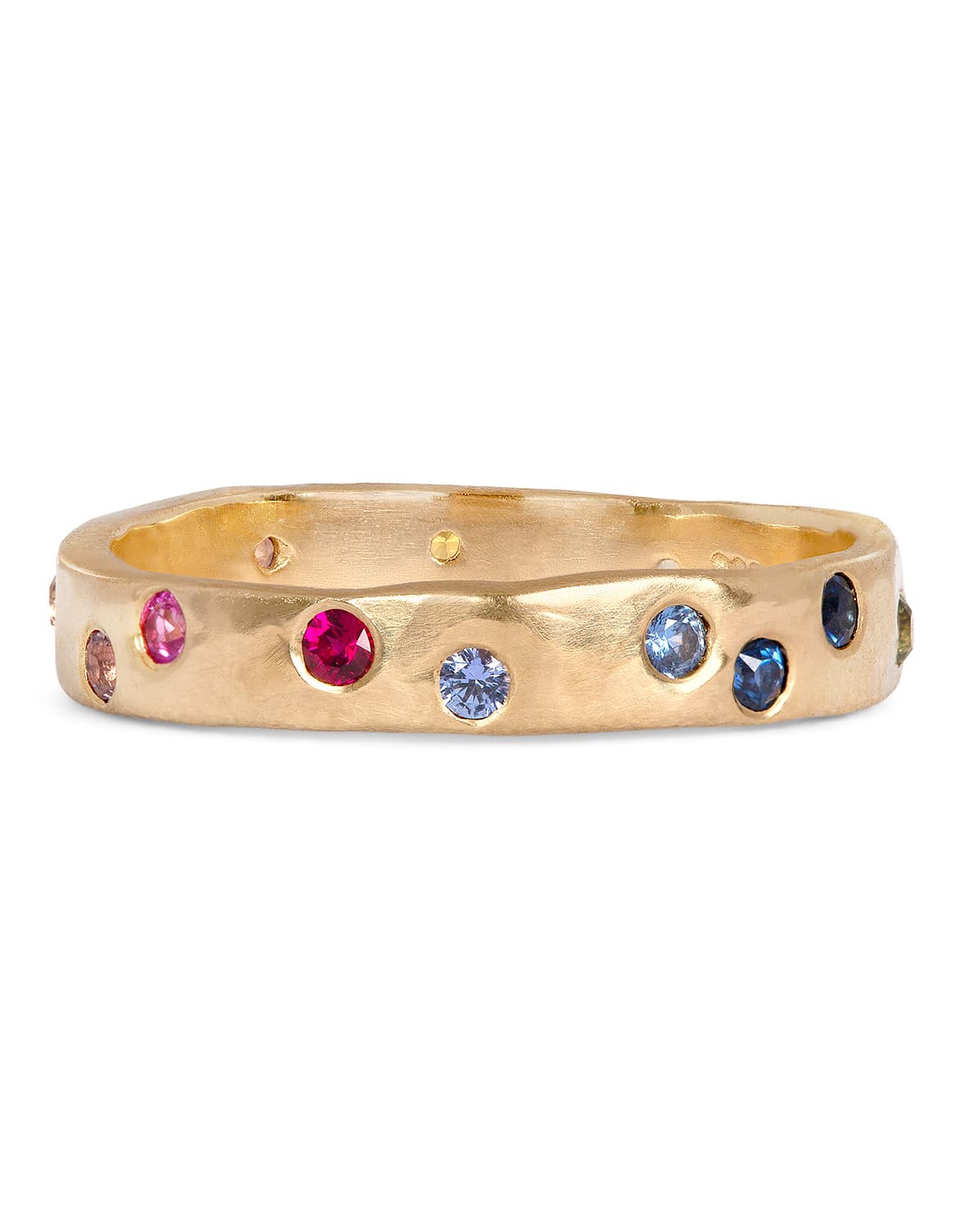 Gold band with multi-colored gemstones — precise facet clarity on each stone