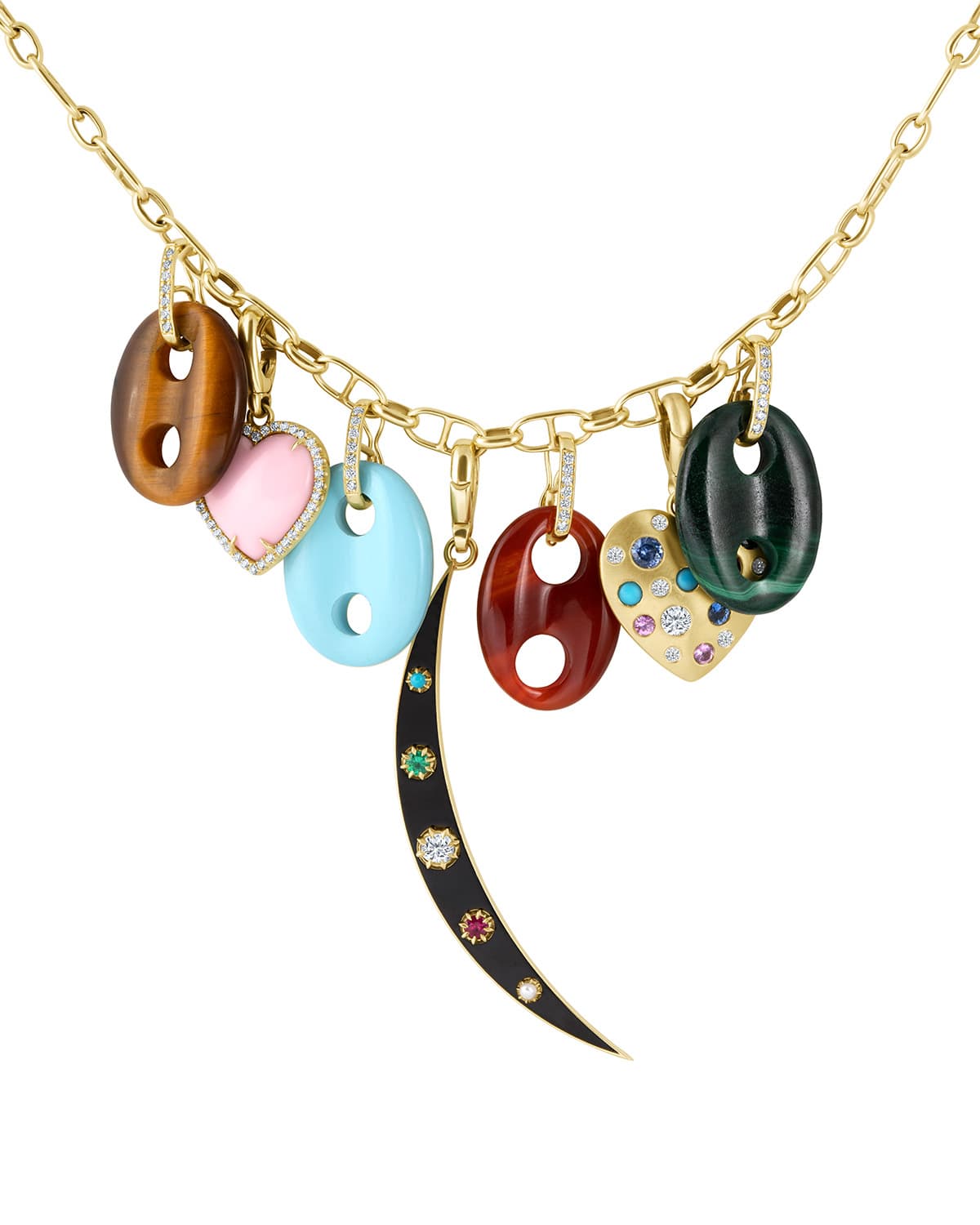 Gold charm necklace with colorful pendants — 8 mixed-material charms in focus