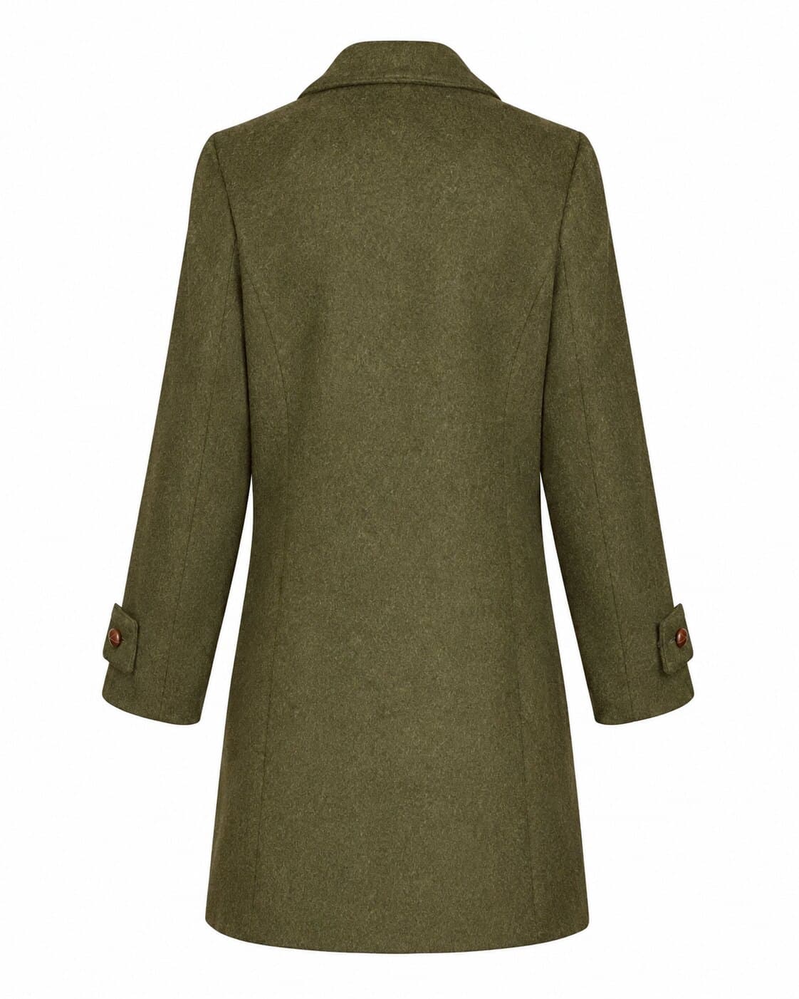Olive loden wool coat, back view on white background