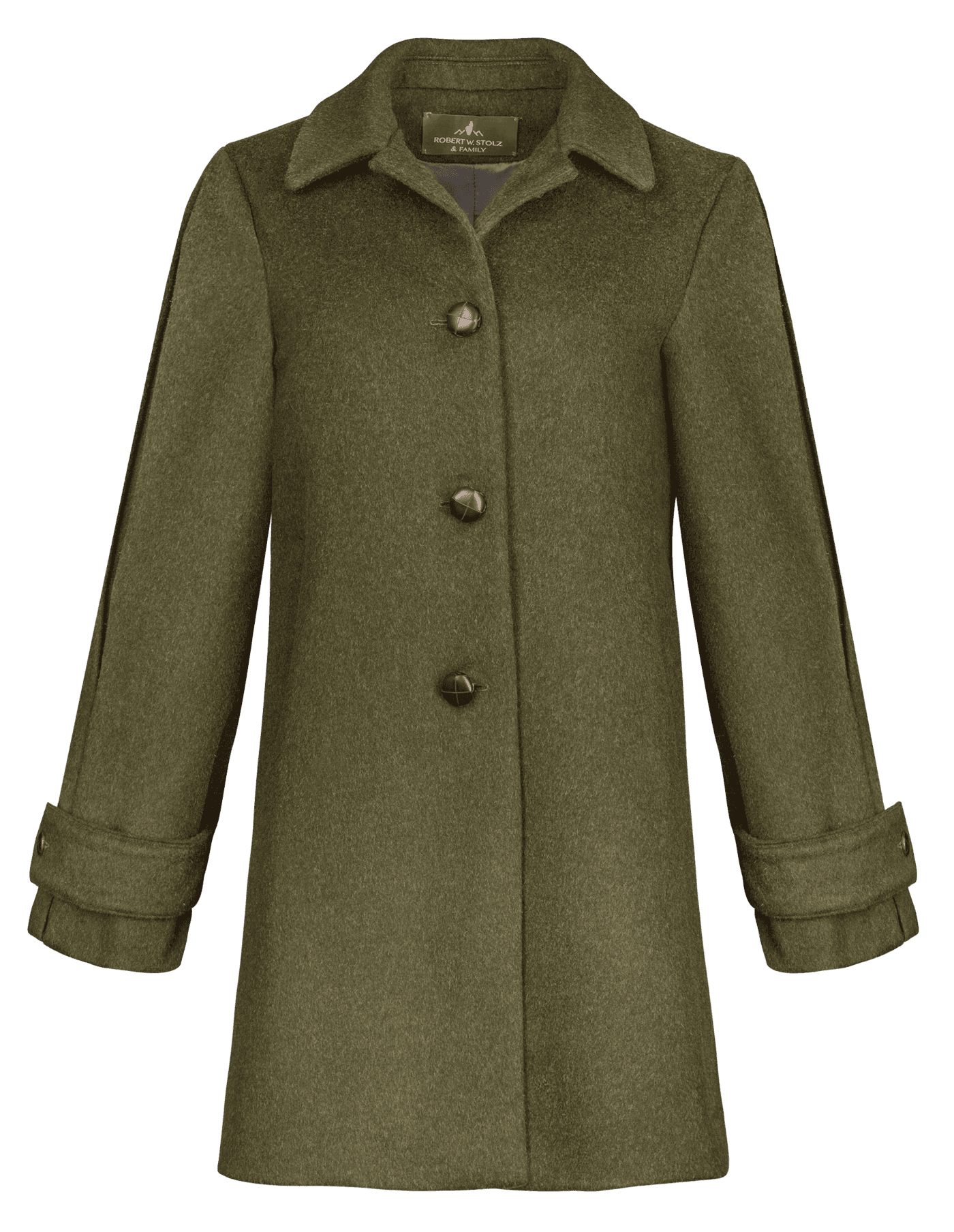 Olive loden wool coat, front view — professional product photography by Pixol, cutout on transparent background