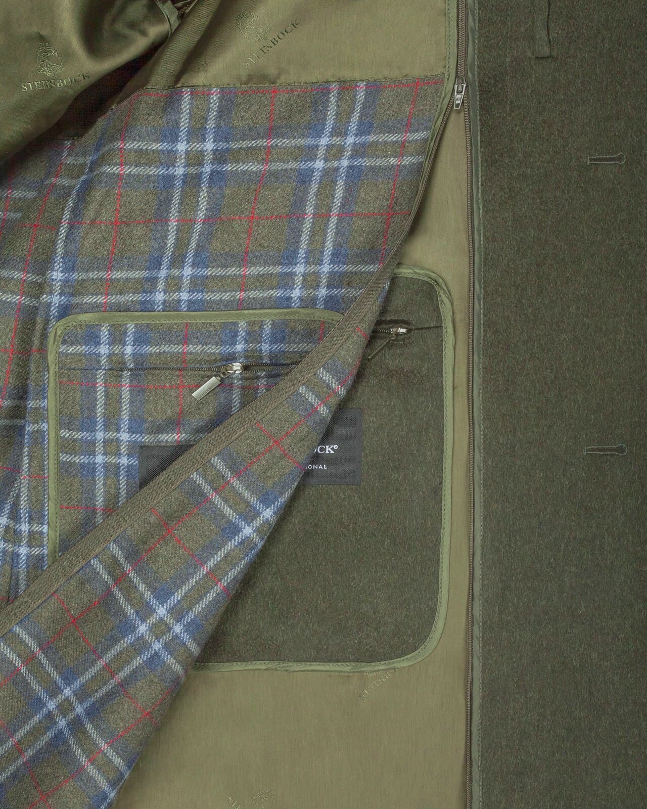 Olive loden wool coat, plaid lining and interior pocket close-up