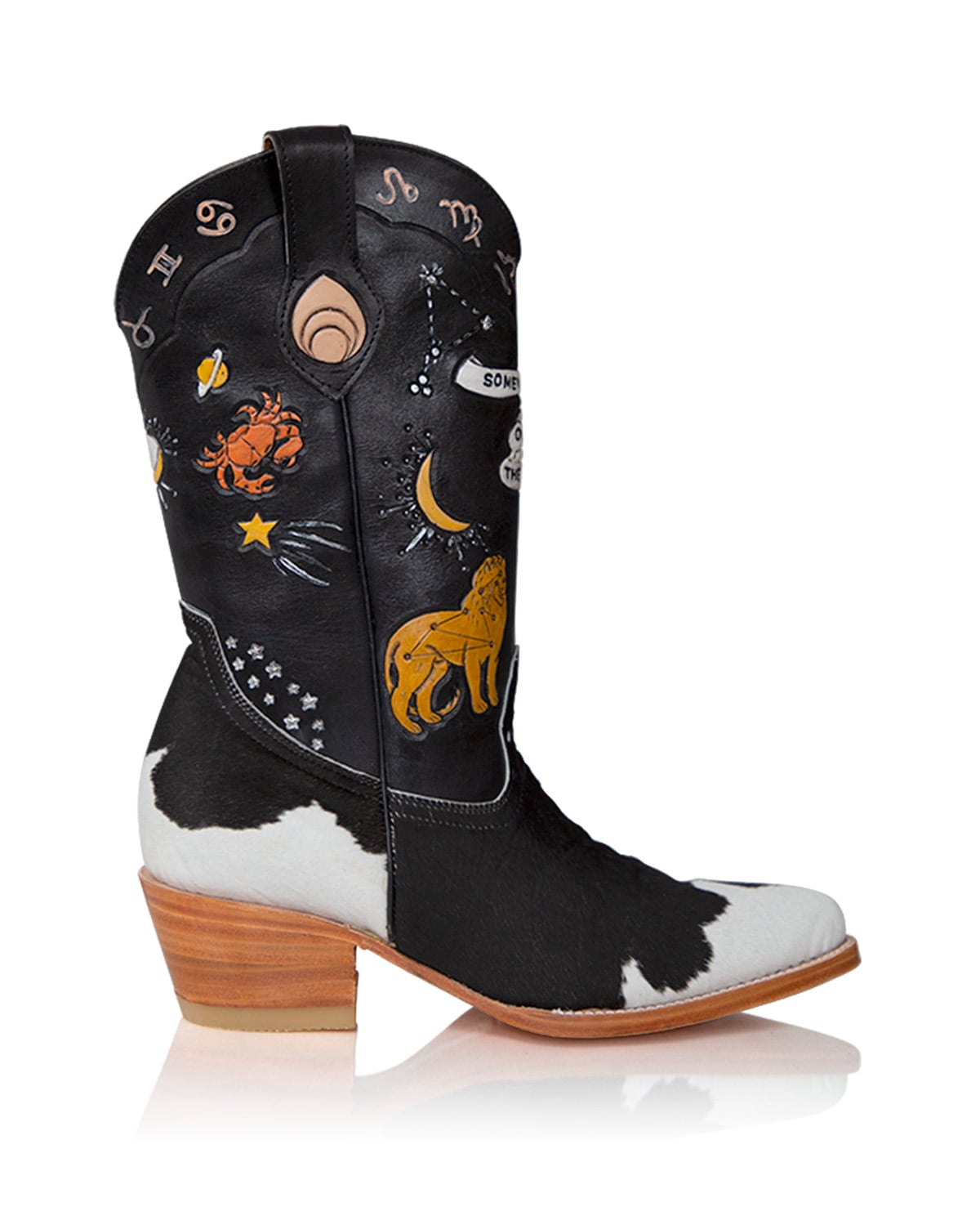 Zodiac cowboy boot. Hand-painted artwork on black leather with short-pile spotted panels