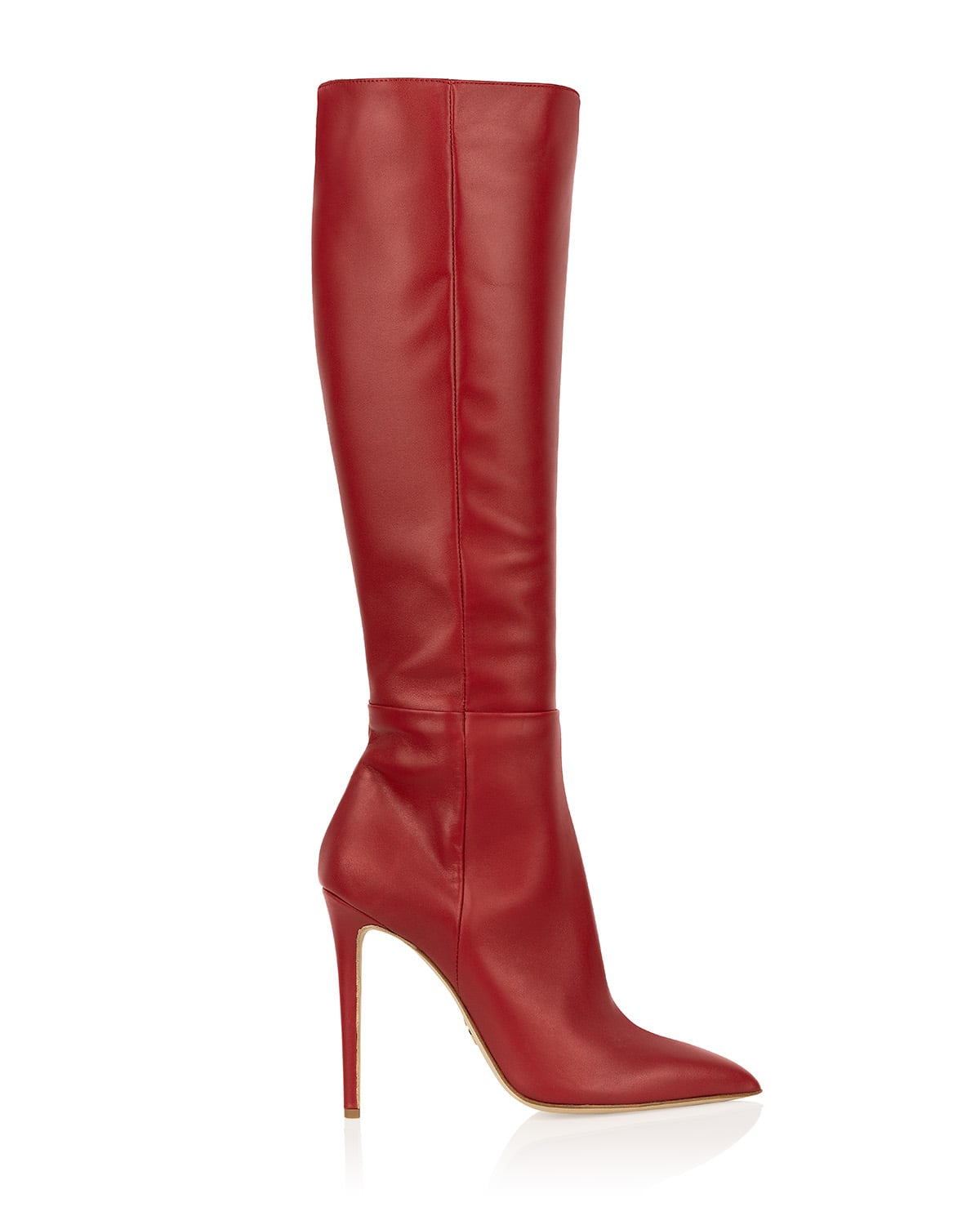 Red stiletto knee-high boots. Matte leather surface without hotspots