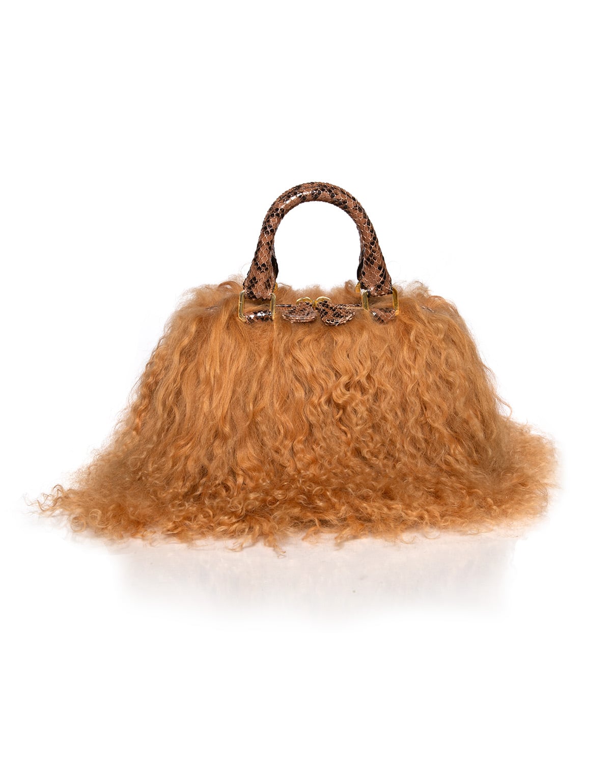 Caramel curly-pile handbag with snake-print handle and trim. Chaotic texture, crisp edges