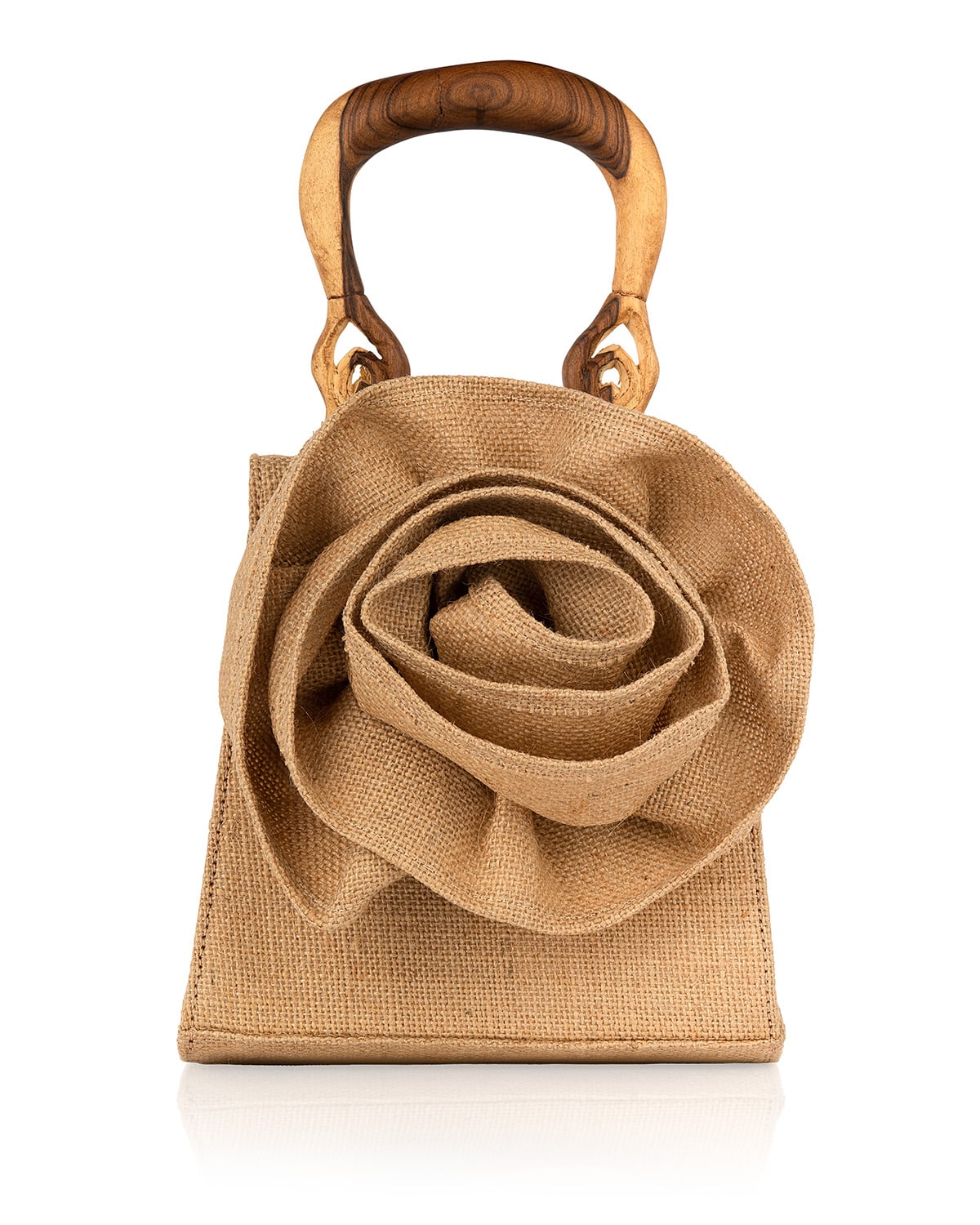 Jute rose tote with wooden handle. Woven fabric texture preserved at macro level