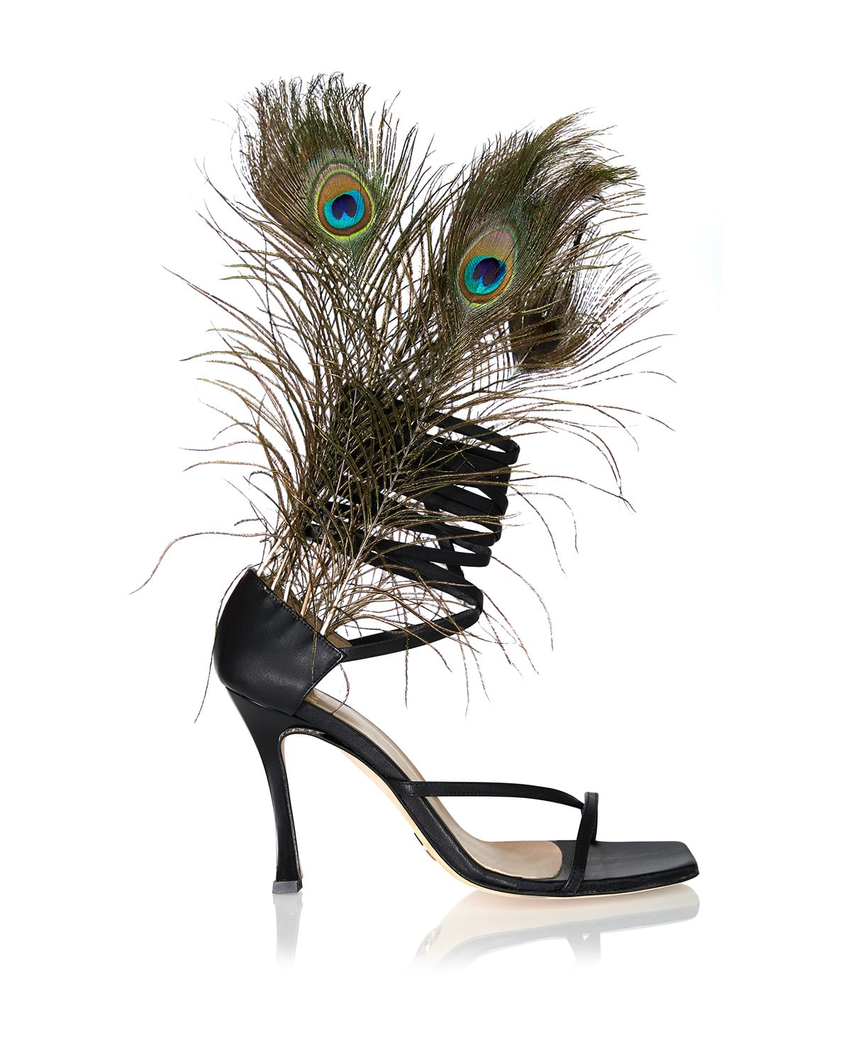 Peacock feather strappy heel. Ultra-fine feather detail against clean background