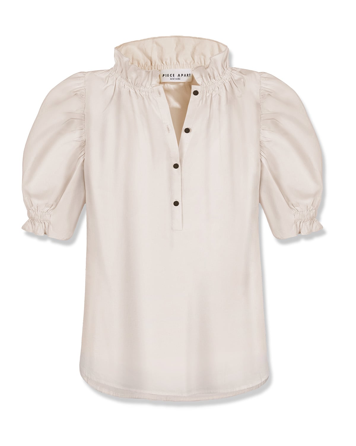 Cream ruffle-collar blouse. White-on-white with visible button and stitch detail