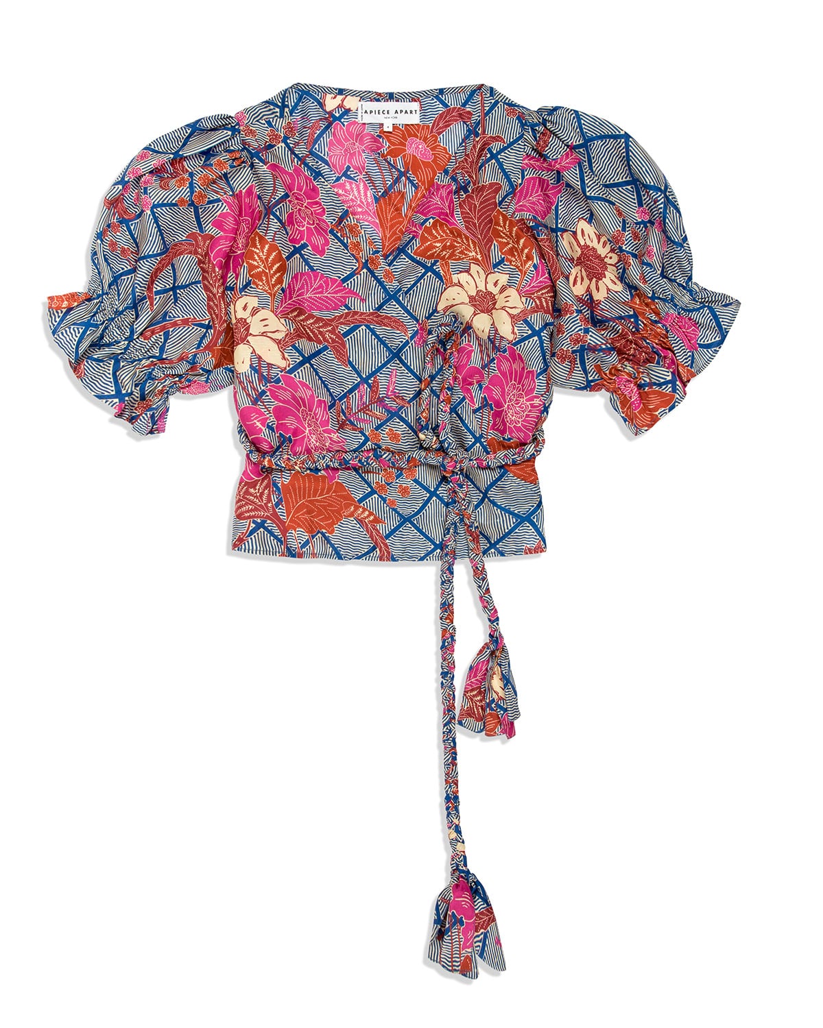 Floral wrap crop top. Vibrant pink pattern on blue-striped batik fabric