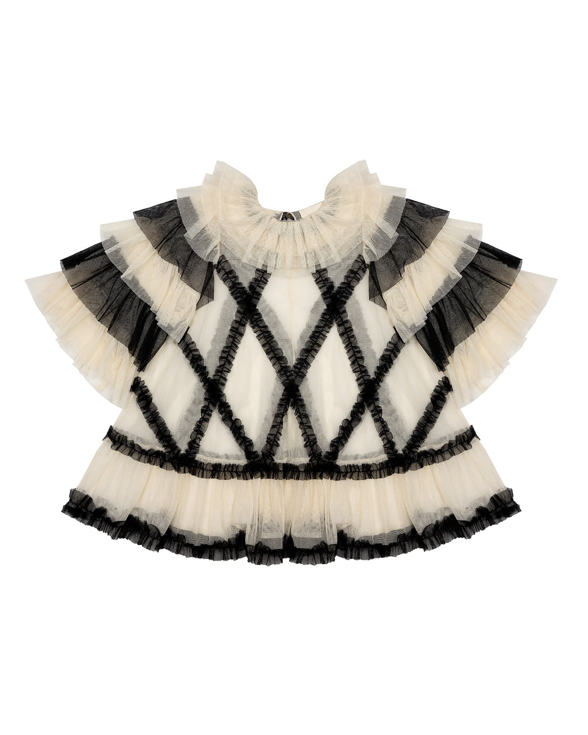 Harlequin tulle layered blouse. Sheer black-and-cream ruffled construction