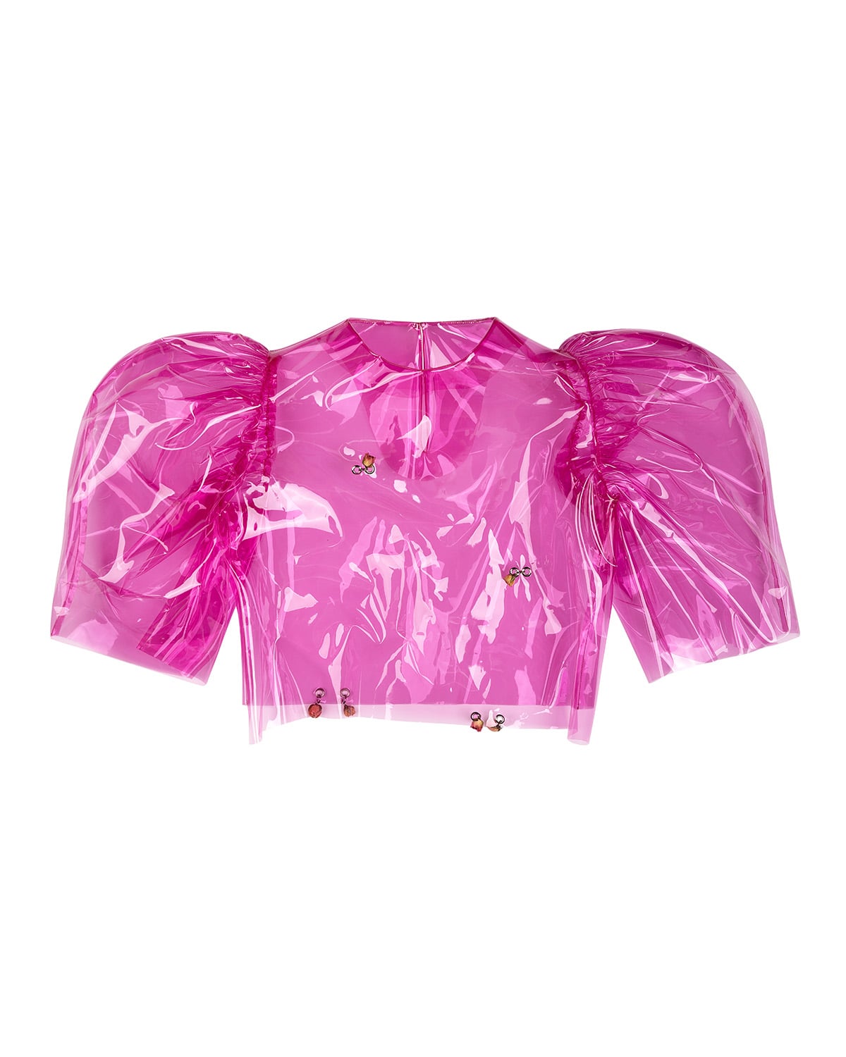 Pink transparent PVC puff-sleeve top. Clear plastic material with visible reflections
