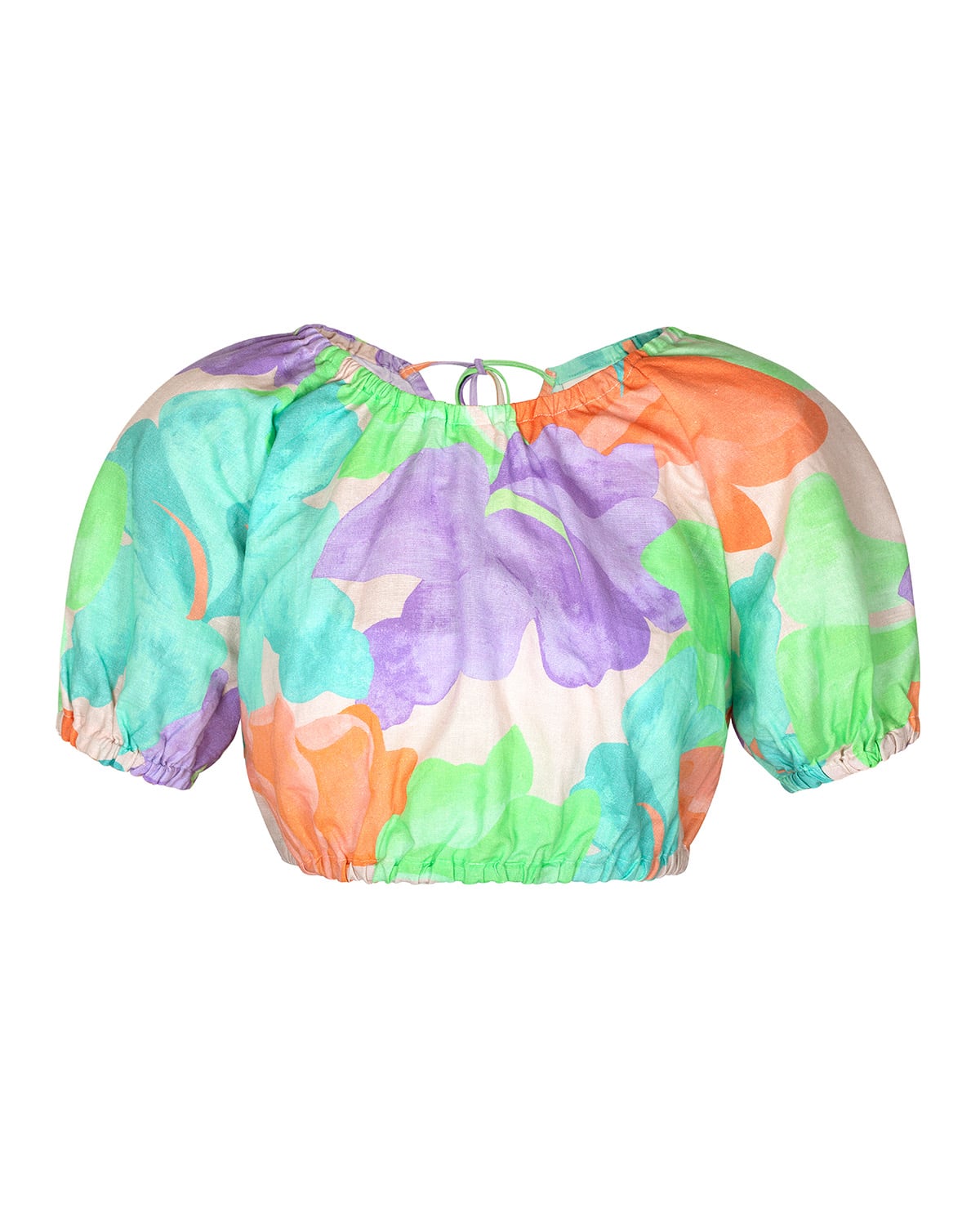 Watercolor floral crop blouse. Pastel purple, mint and coral on cream linen