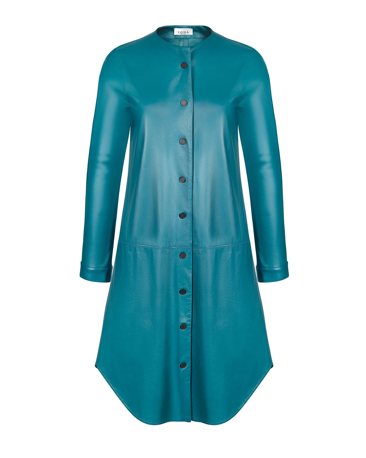 Teal leather button-down coat. Smooth hide with zero hot-spot reflections