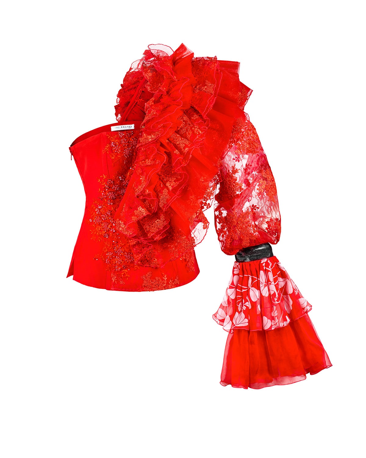 Red lace corset with ruffled organza sleeve. Red-on-red embroidery definition
