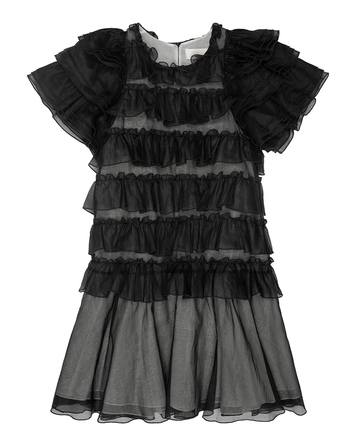 Black ruffle organza mini dress. Layered sheer tiers with defined ruffle edges