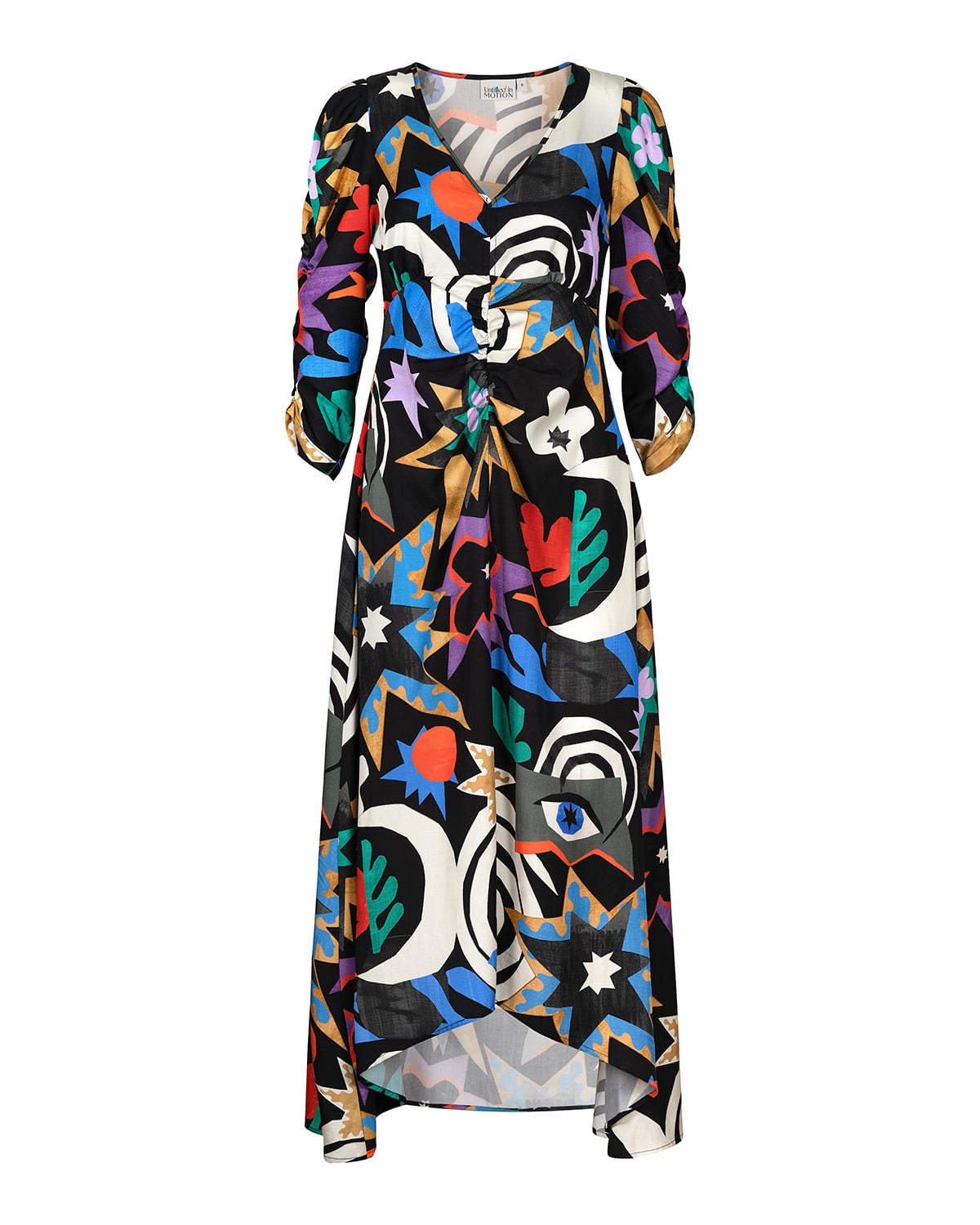 Pop-art abstract maxi dress. 10+ vivid colors rendered faithfully on black ground