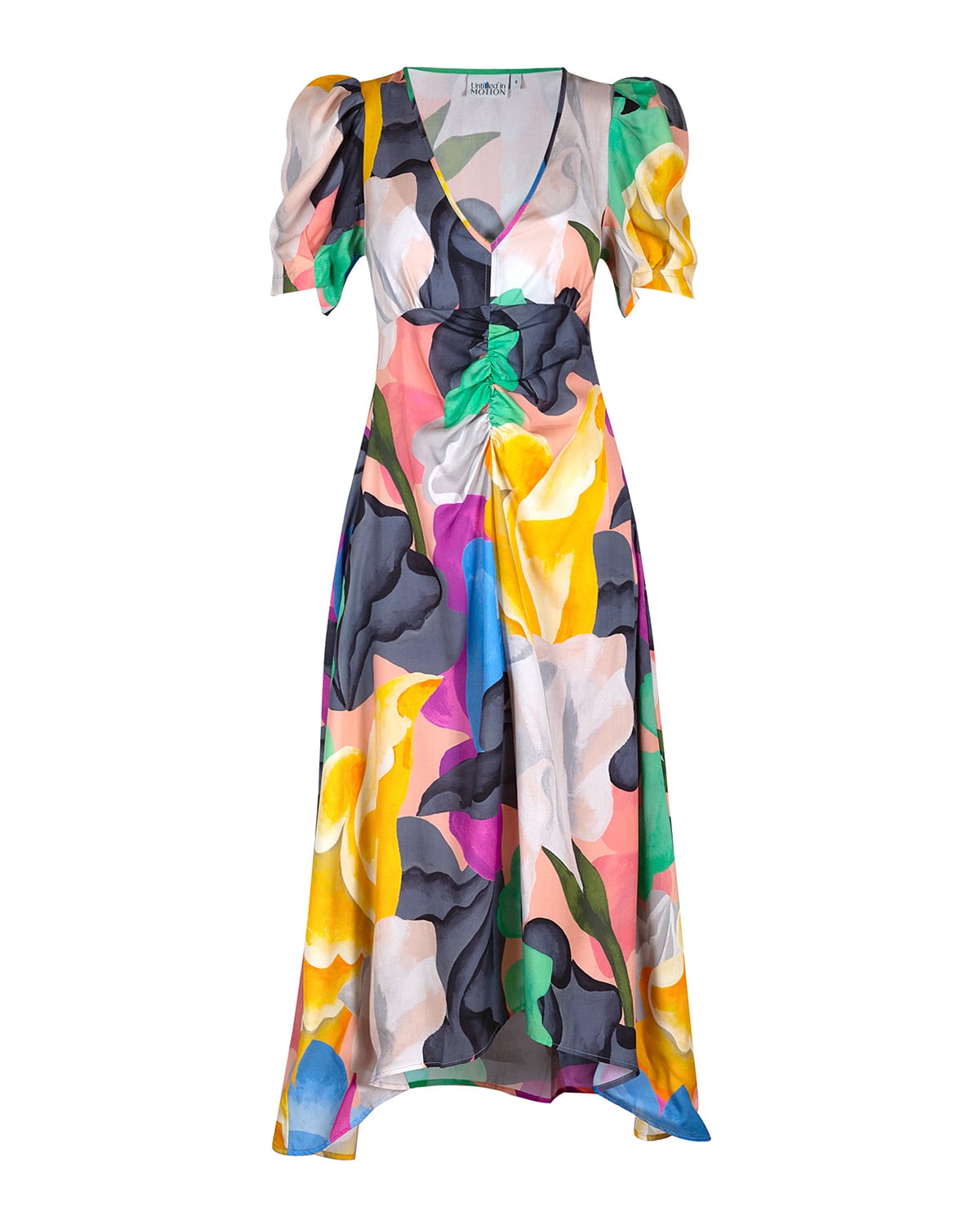Watercolor floral short-sleeve maxi dress. Soft pastel pattern with defined folds