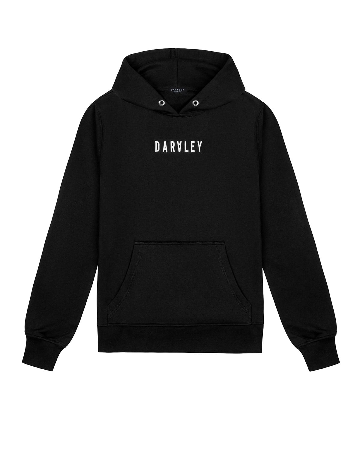 Black hoodie. Deep black fabric with crisp white logo, no detail loss in shadows