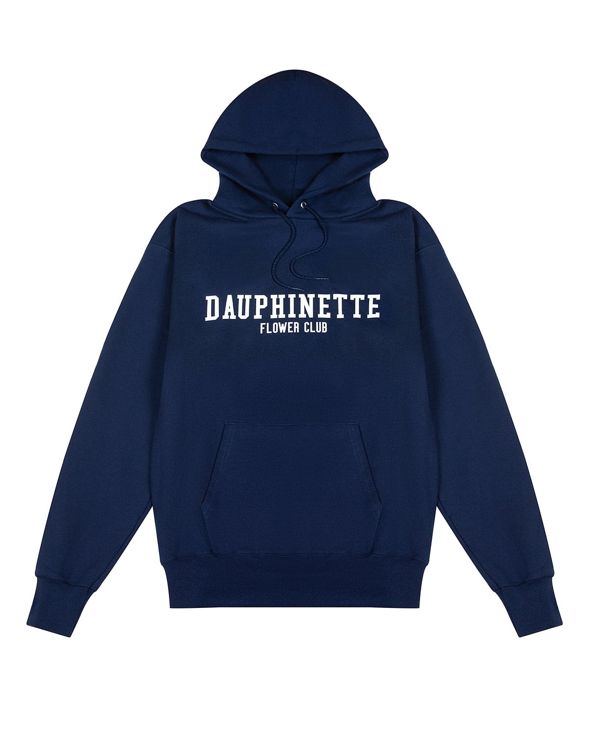 Navy hoodie. Dark blue fabric sweatshirt with embroidered text, clean hood form