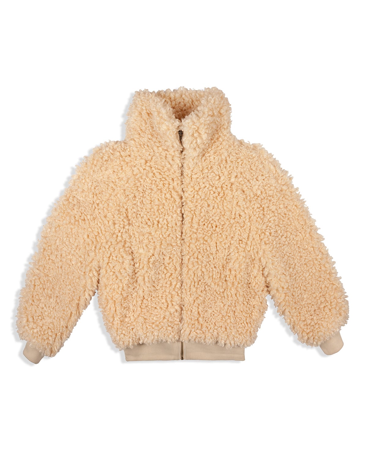Sherpa fleece bomber jacket. Complex boucle texture captured in even lighting