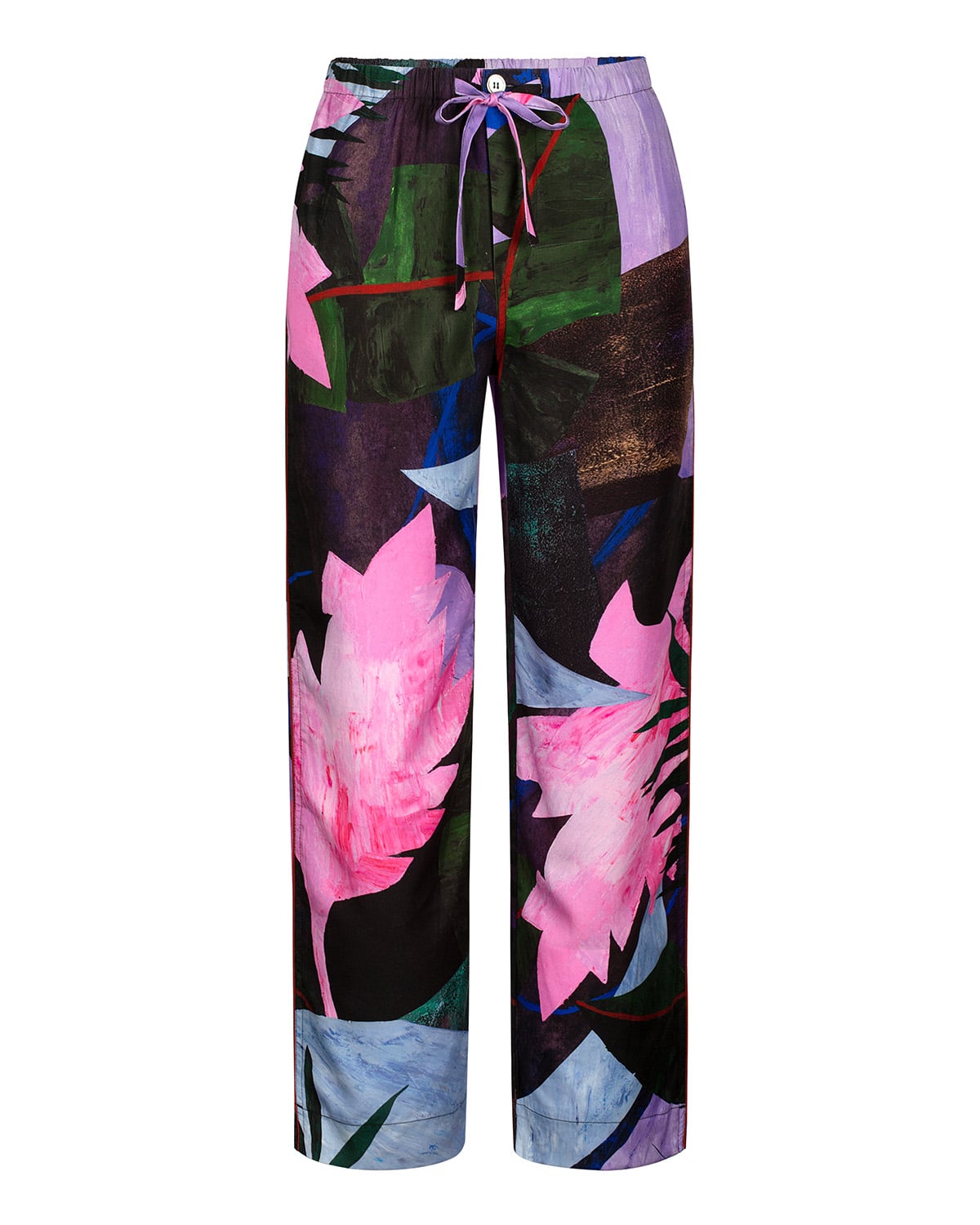 Abstract floral print drawstring pants. Bold pattern with accurate color reproduction