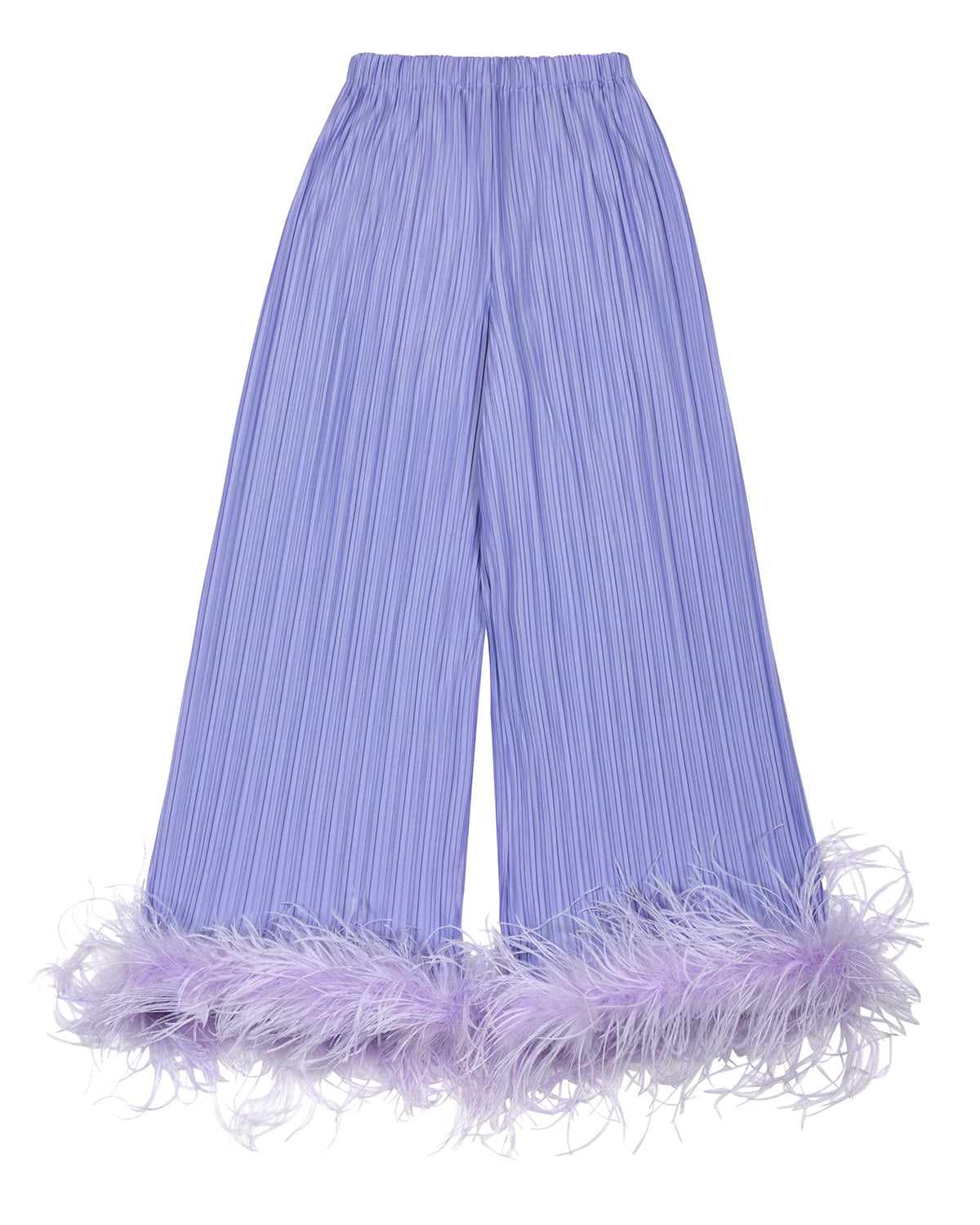 Lavender pleated palazzo pants with feather trim. Delicate plumes at the hem