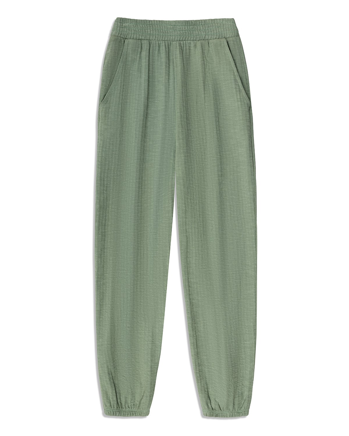 Sage green muslin joggers. Subtle crinkled texture on monochrome fabric