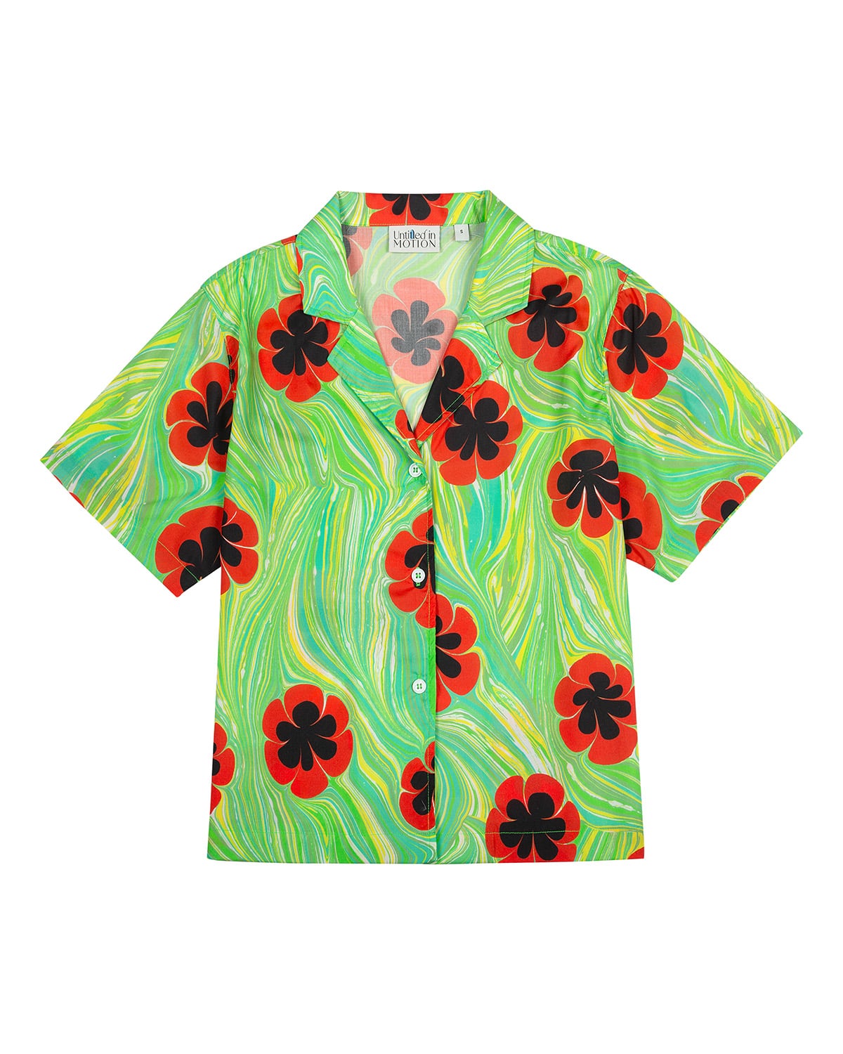 Green marble-print camp shirt. Dynamic swirl pattern with bold poppy motifs
