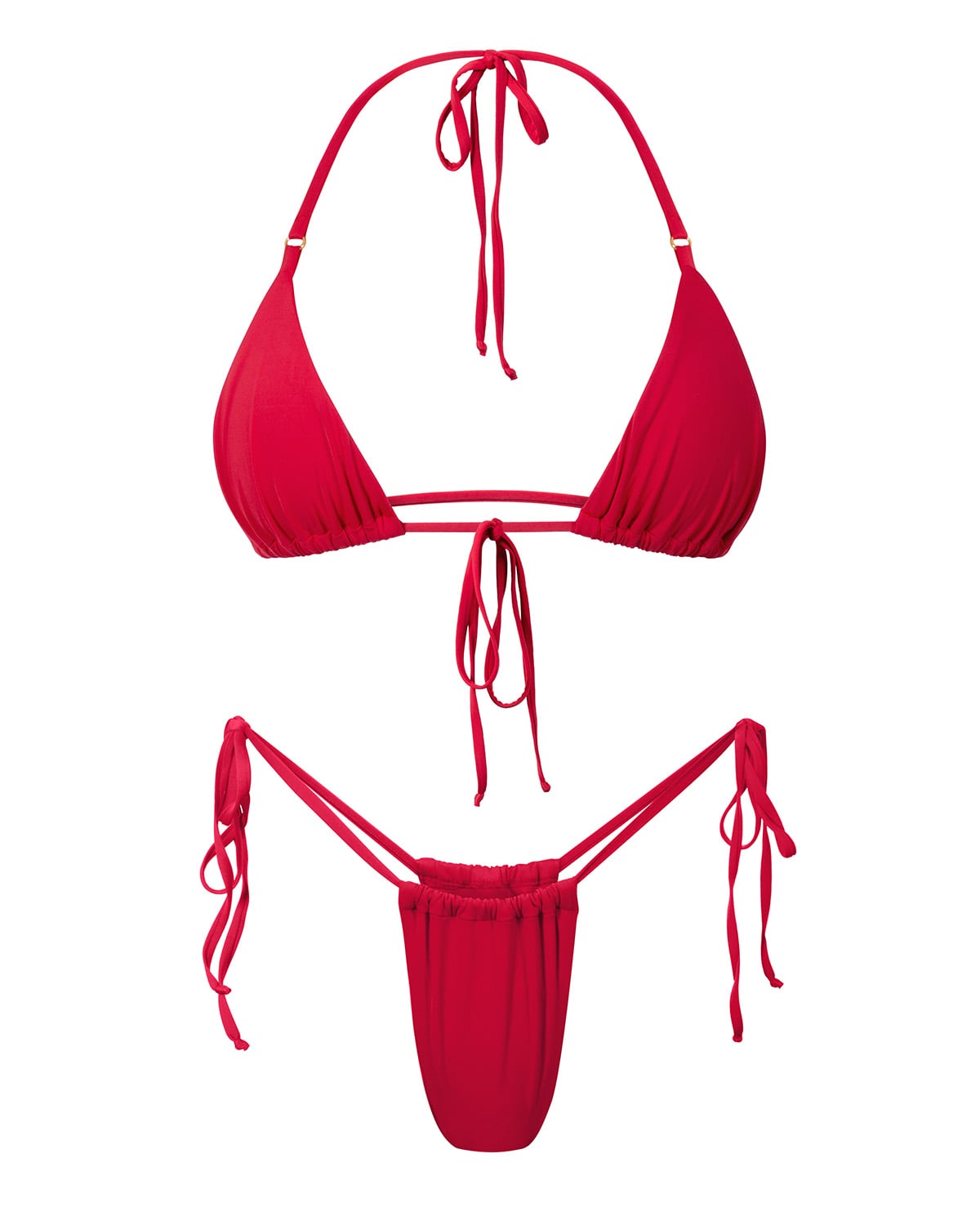 Red bikini set. Matte jersey fabric with clean string ties on white background
