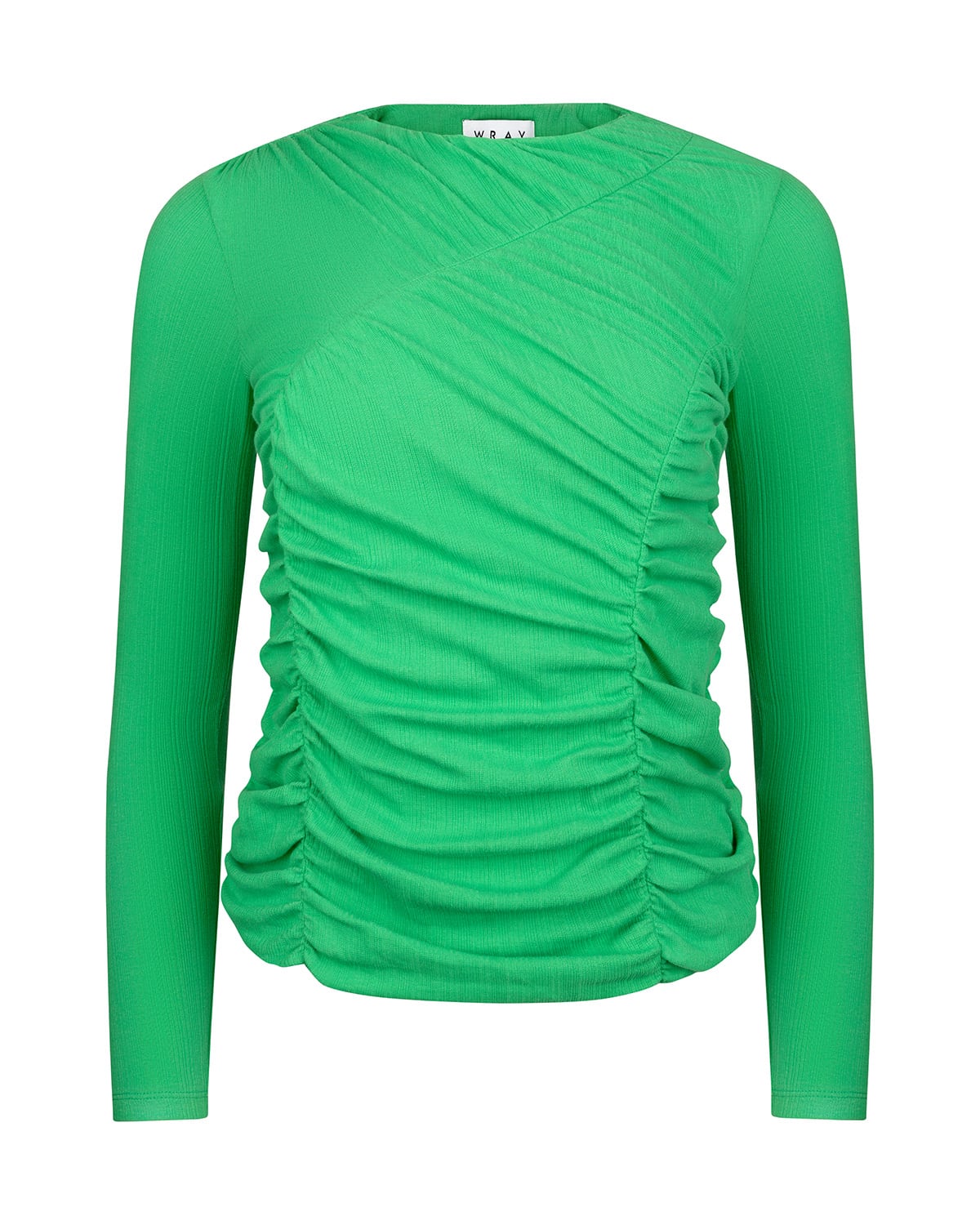 Green ruched long-sleeve top. 4-way stretch fabric with gathered seam detail
