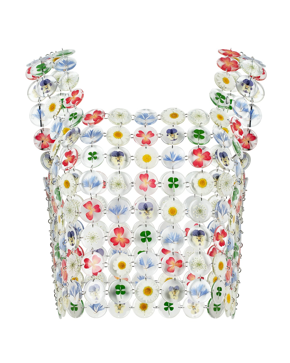Pressed-flower resin chain-mail top. 80+ individual disc elements in sharp focus
