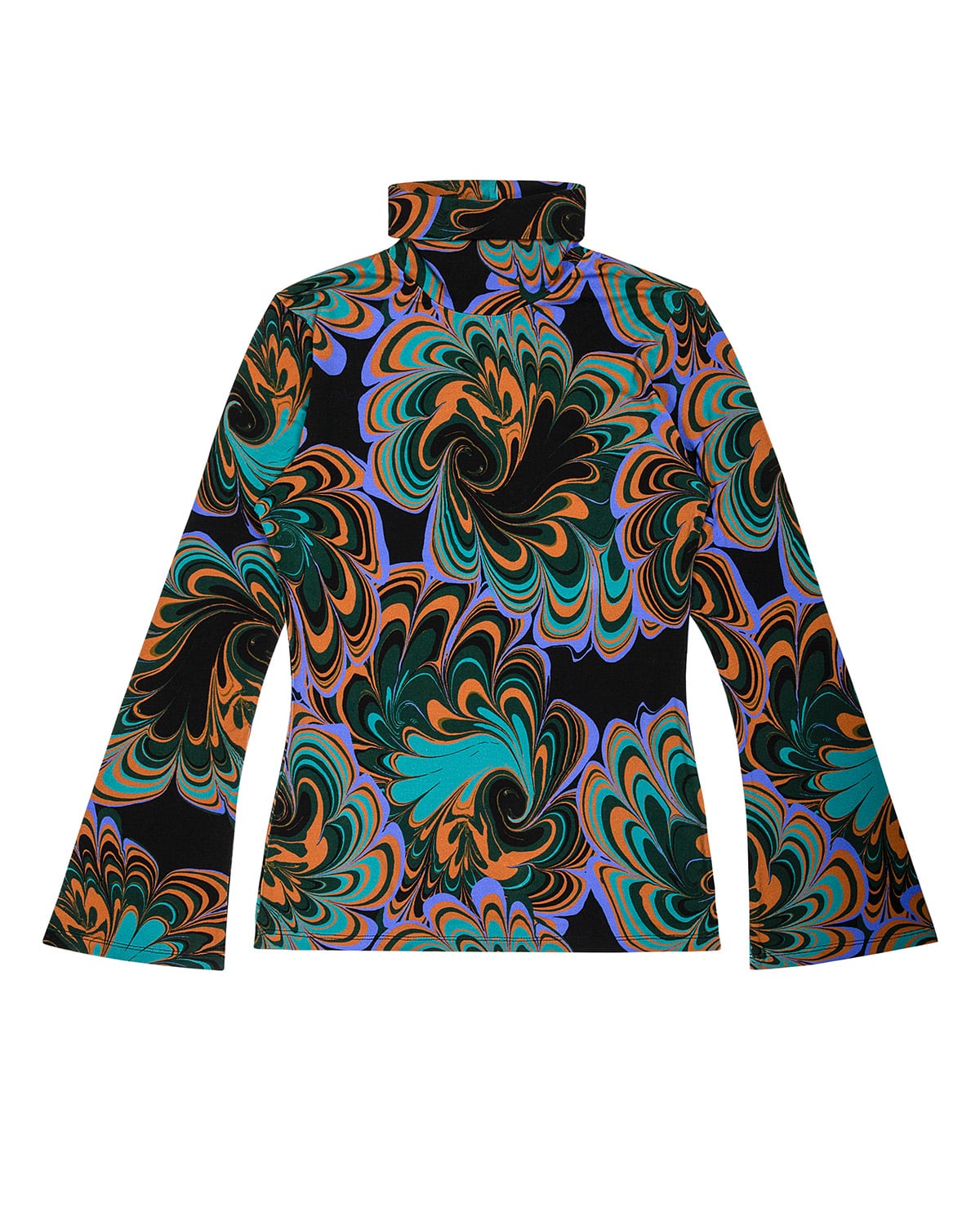 Psychedelic print flared-sleeve turtleneck. 6+ swirling colors without color cast