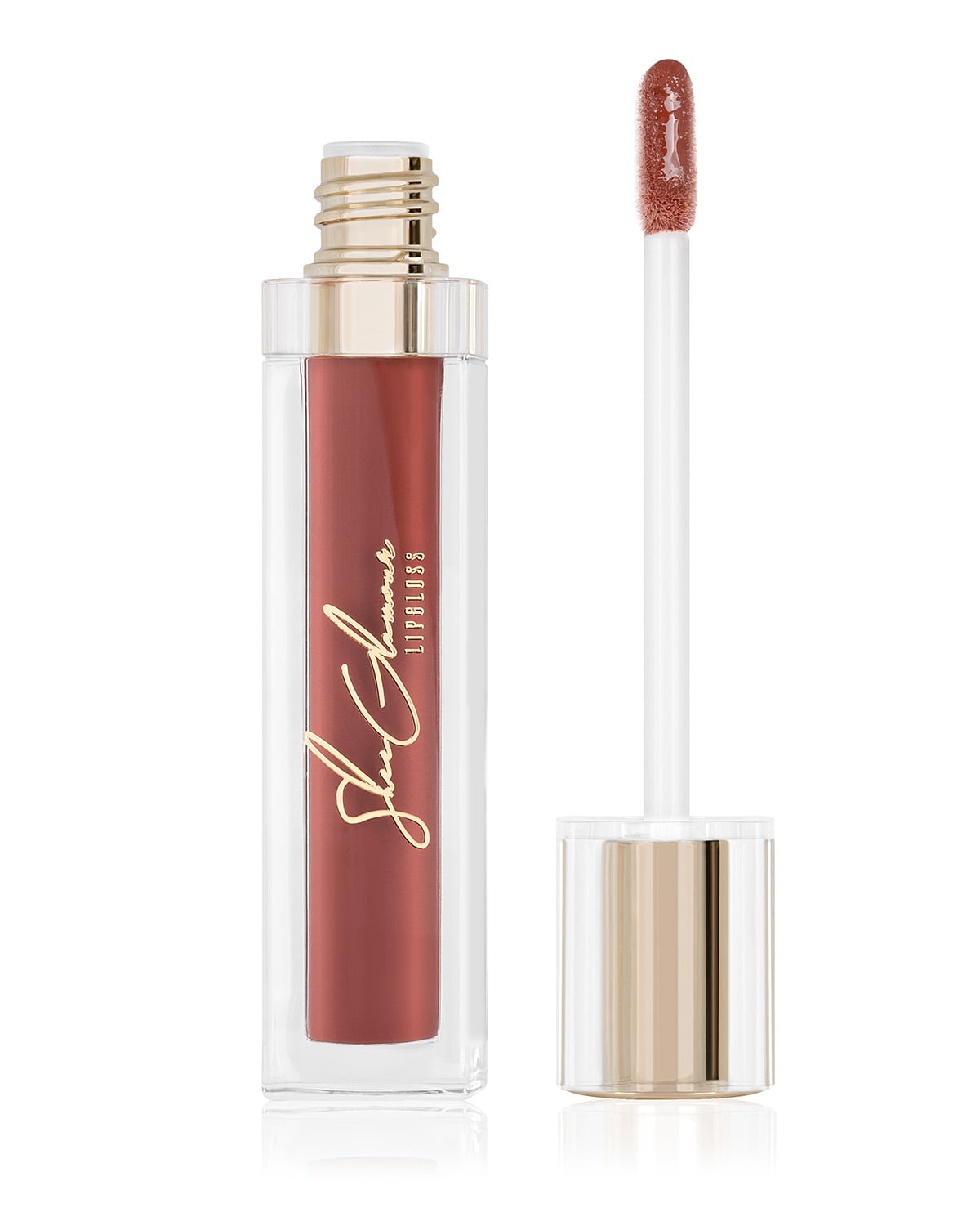 Lip gloss with open wand. Transparent glass, liquid product, and metallic cap in one shot