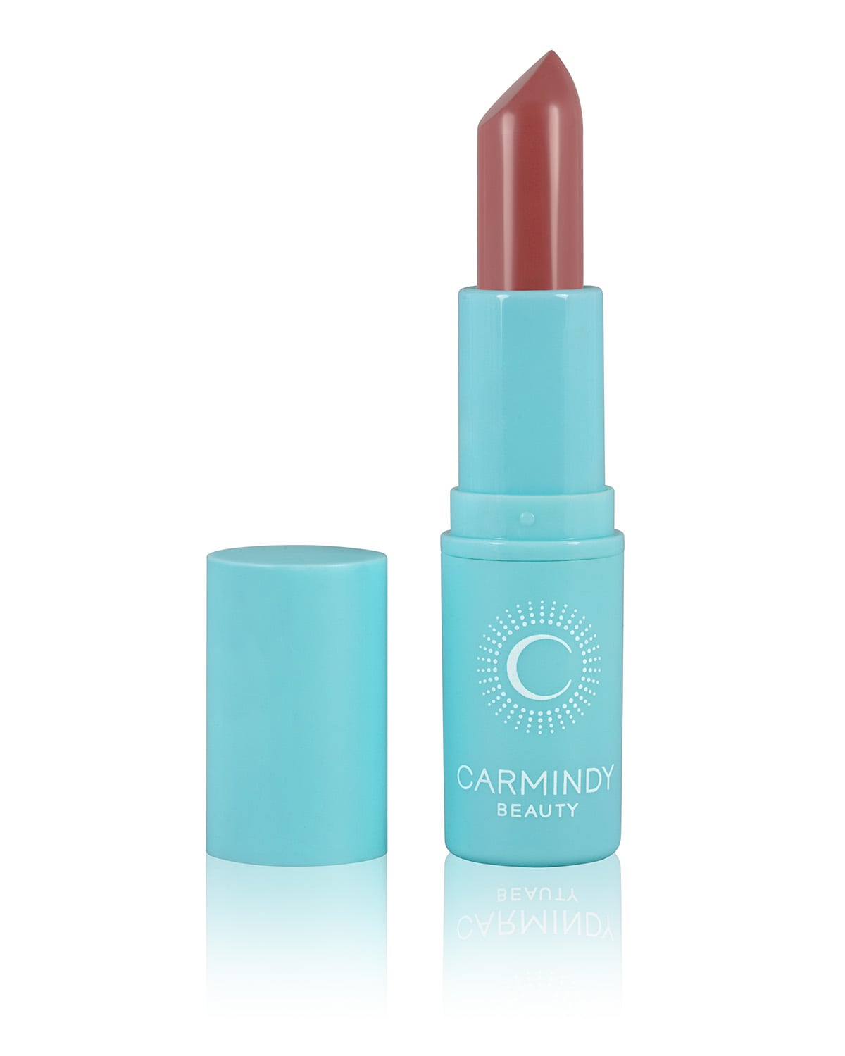 Lipstick in teal tube. Glossy plastic surface without color shift