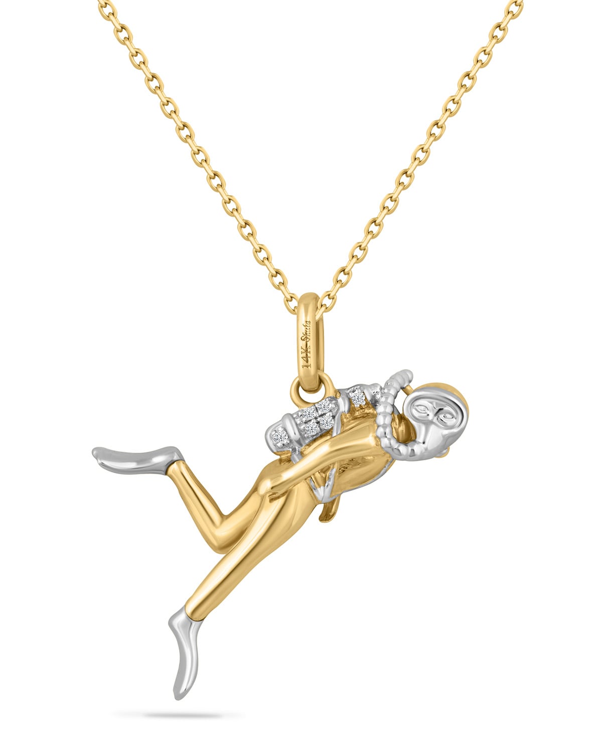 Gold scuba diver pendant — intricate micro-detail on 3D figurine