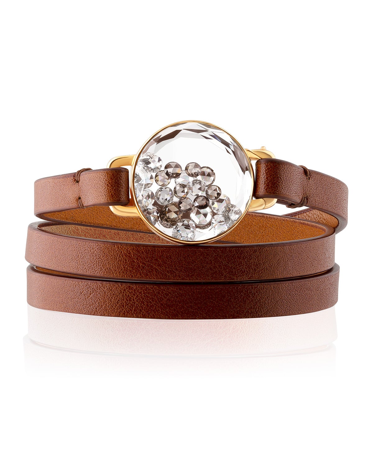 Leather wrap bracelet with crystal pendant — mixed materials: leather, glass, metal