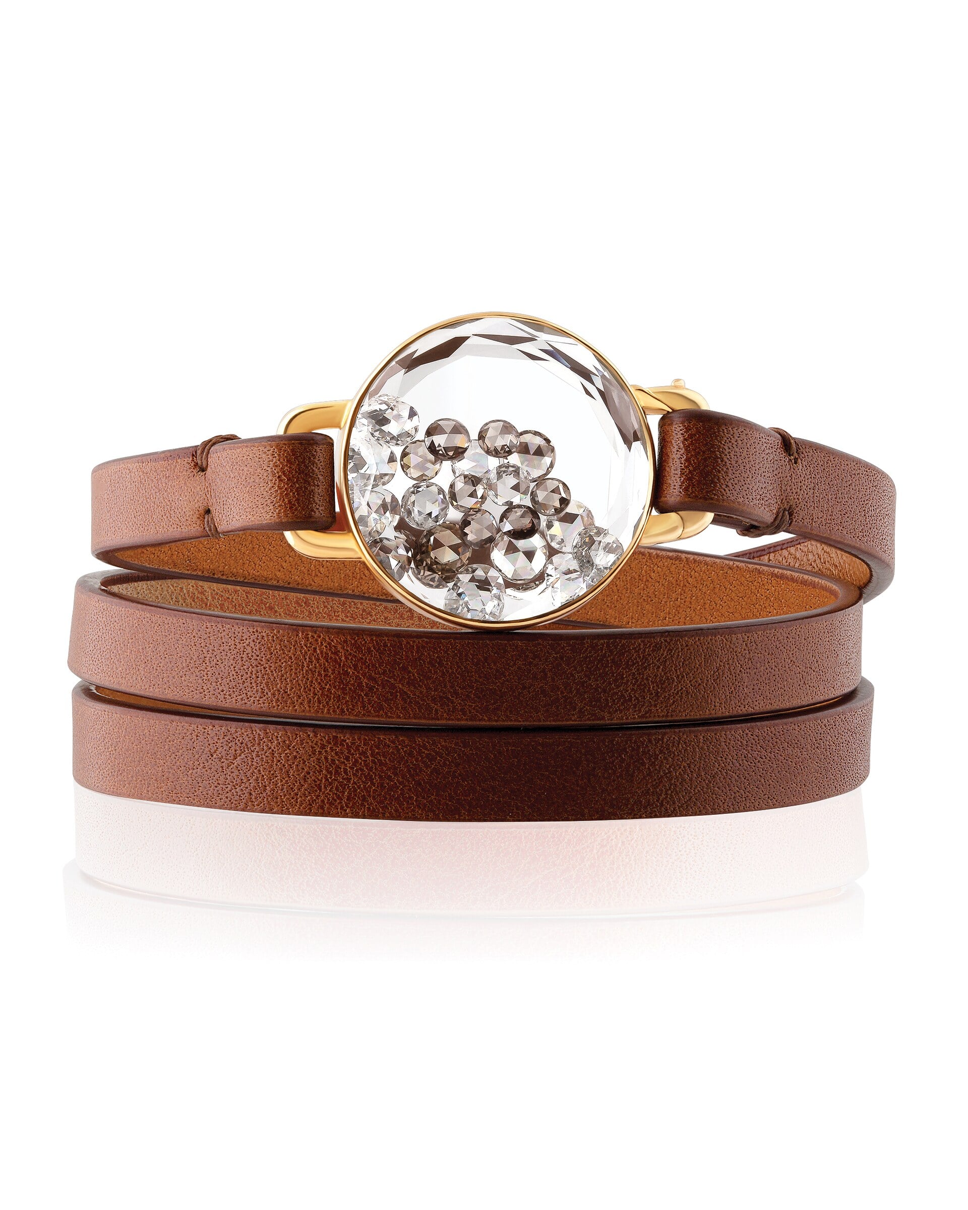 Leather wrap bracelet with crystal pendant. Mixed materials: leather, glass, metal