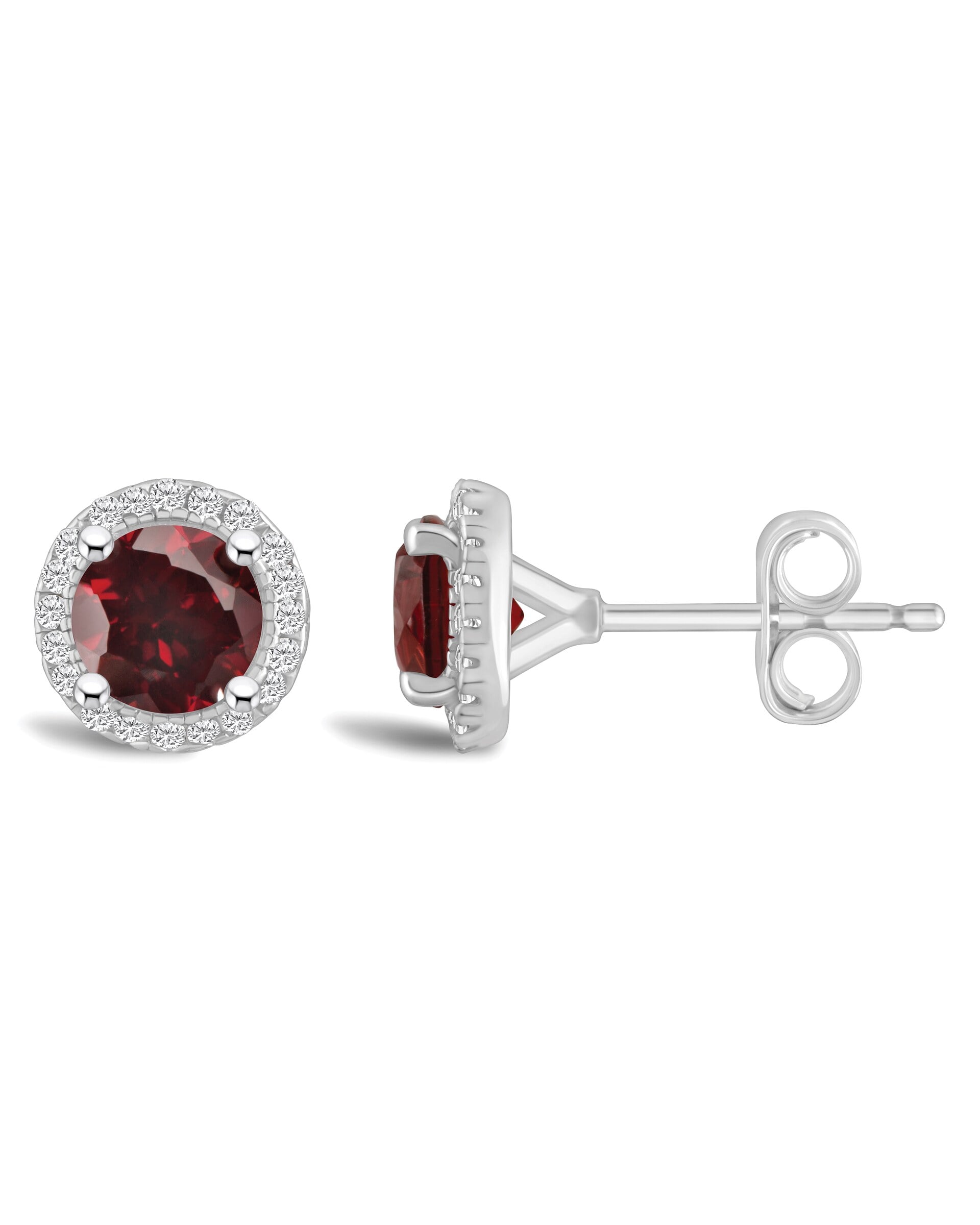 Garnet stud earrings with diamond halo. Front and side angle on same frame