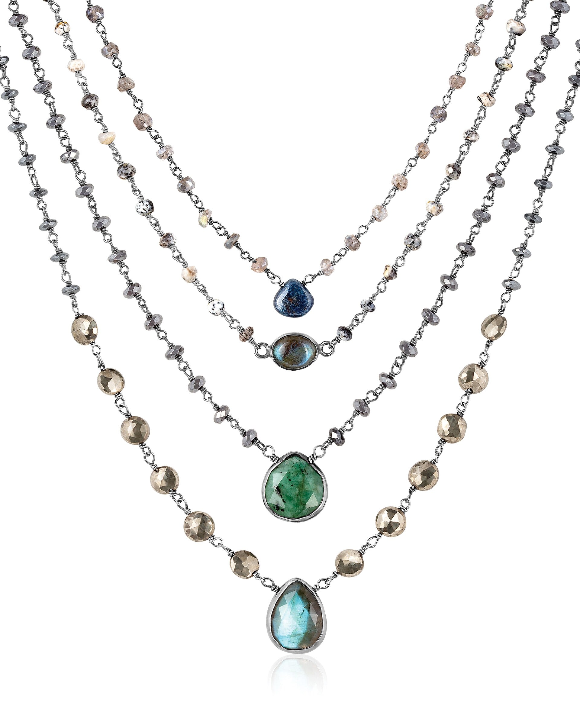 Multi-strand gemstone necklace collection. 4 necklaces shot as one cohesive set