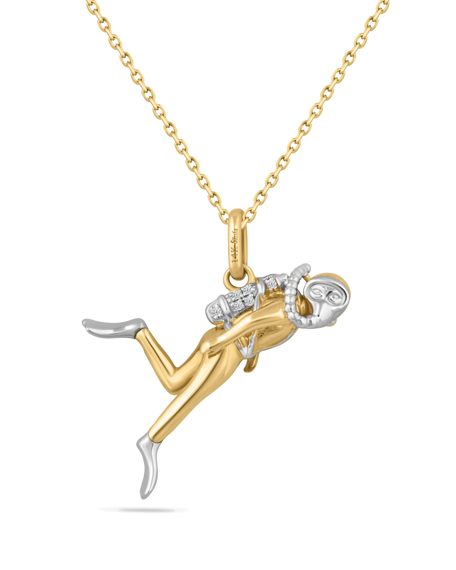 Gold scuba diver pendant. Intricate micro-detail on 3D figurine