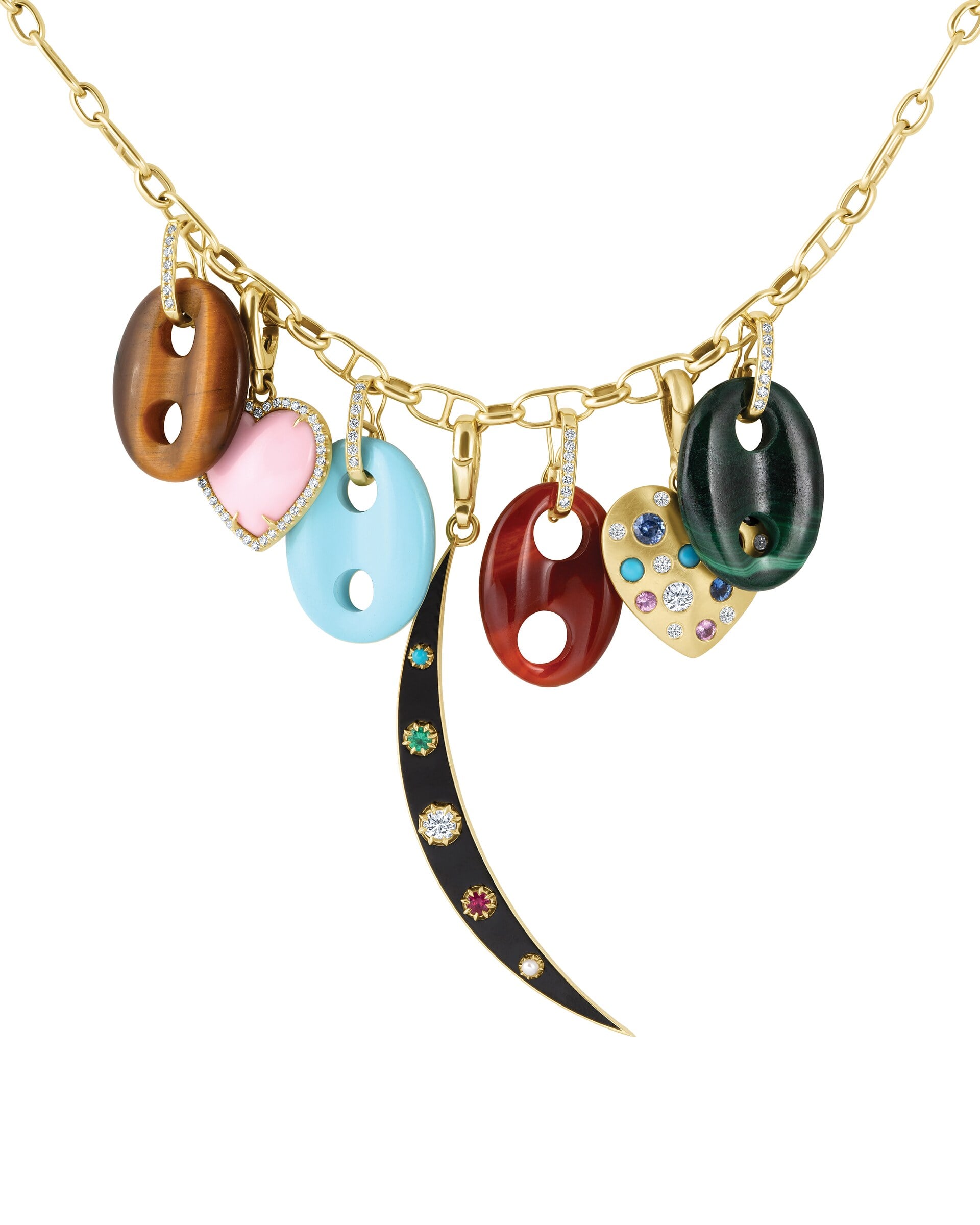 Gold charm necklace with colorful pendants. 8 mixed-material charms in focus