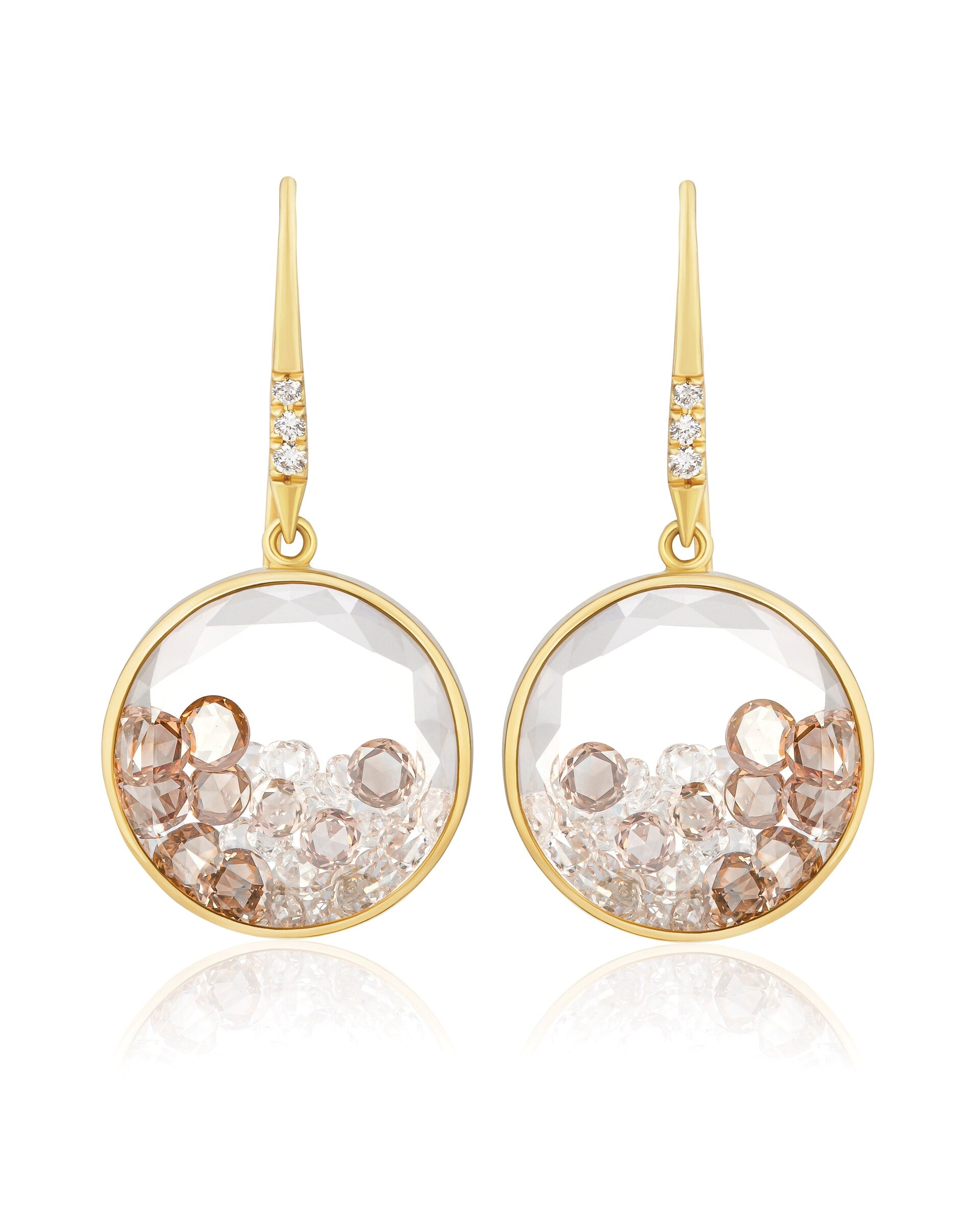 Gold drop earrings with floating diamonds. Transparent crystal clarity preserved